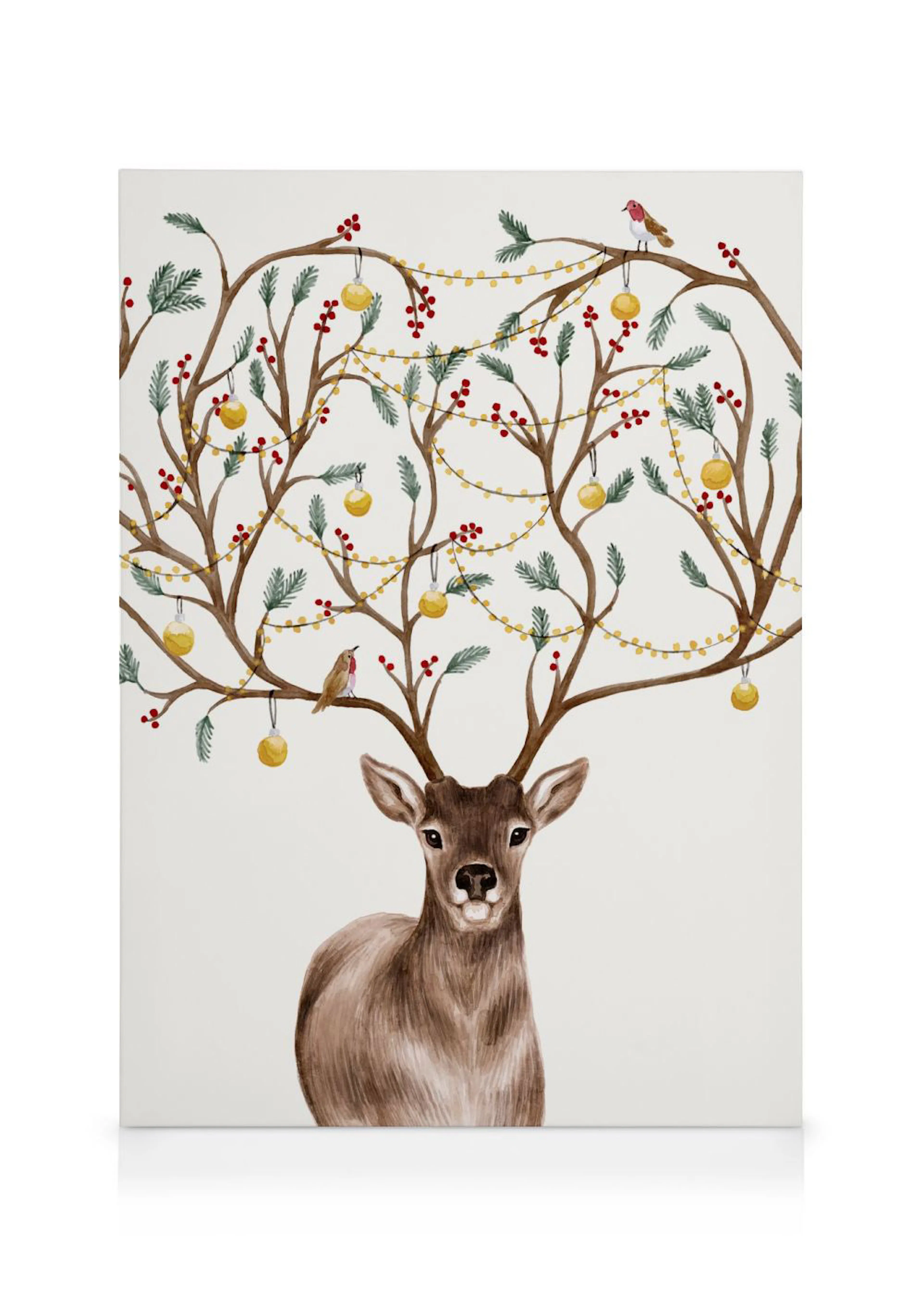 Toile dun renne aux bois décorés de branches, baies, guirlandes lumineuses, boules de Noël et oiseaux.
