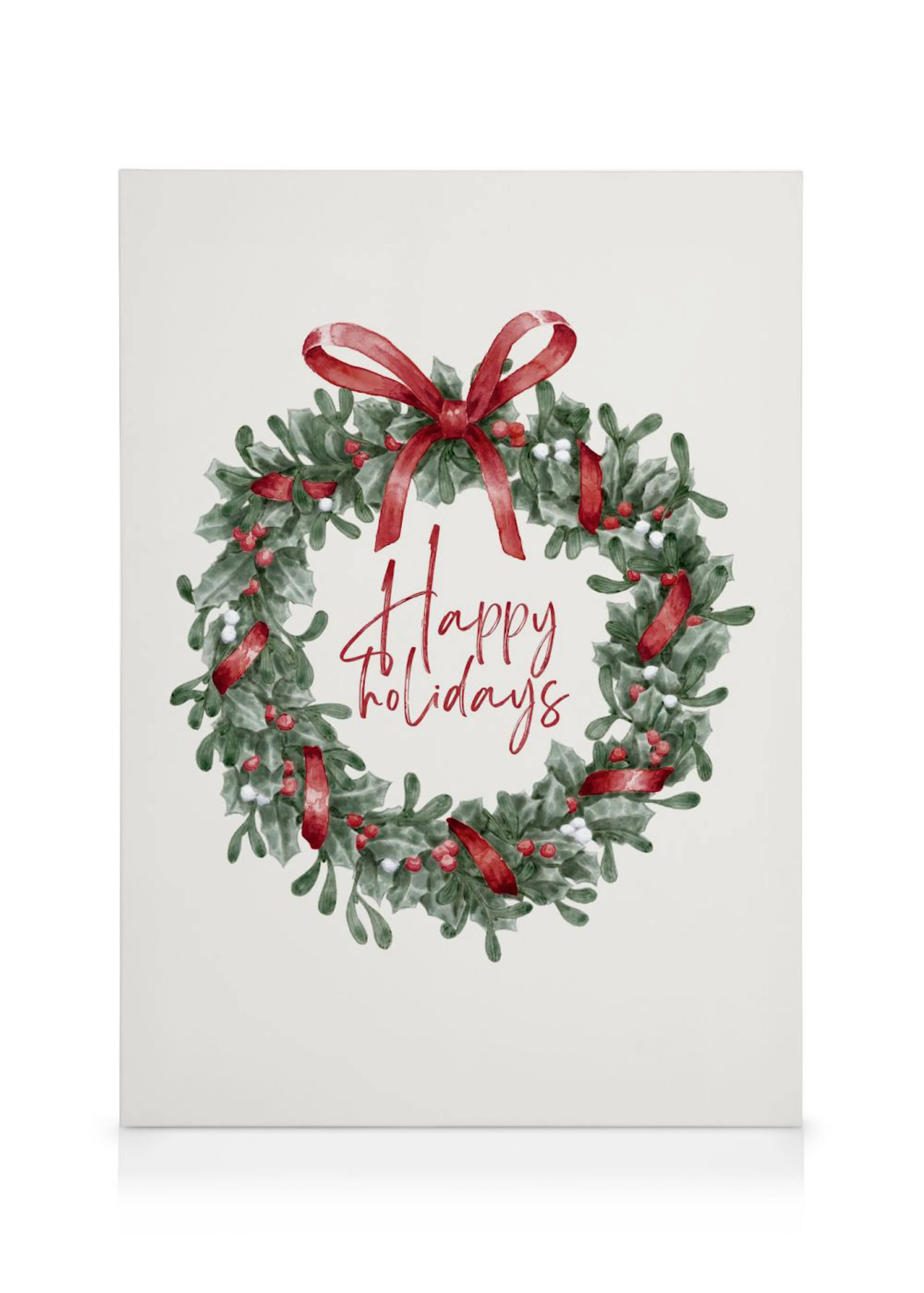 Leinwandbild mit einem Weihnachtskranz aus Stechpalmenblättern, roten Beeren, Misteln und der Aufschrift Happy Holidays.