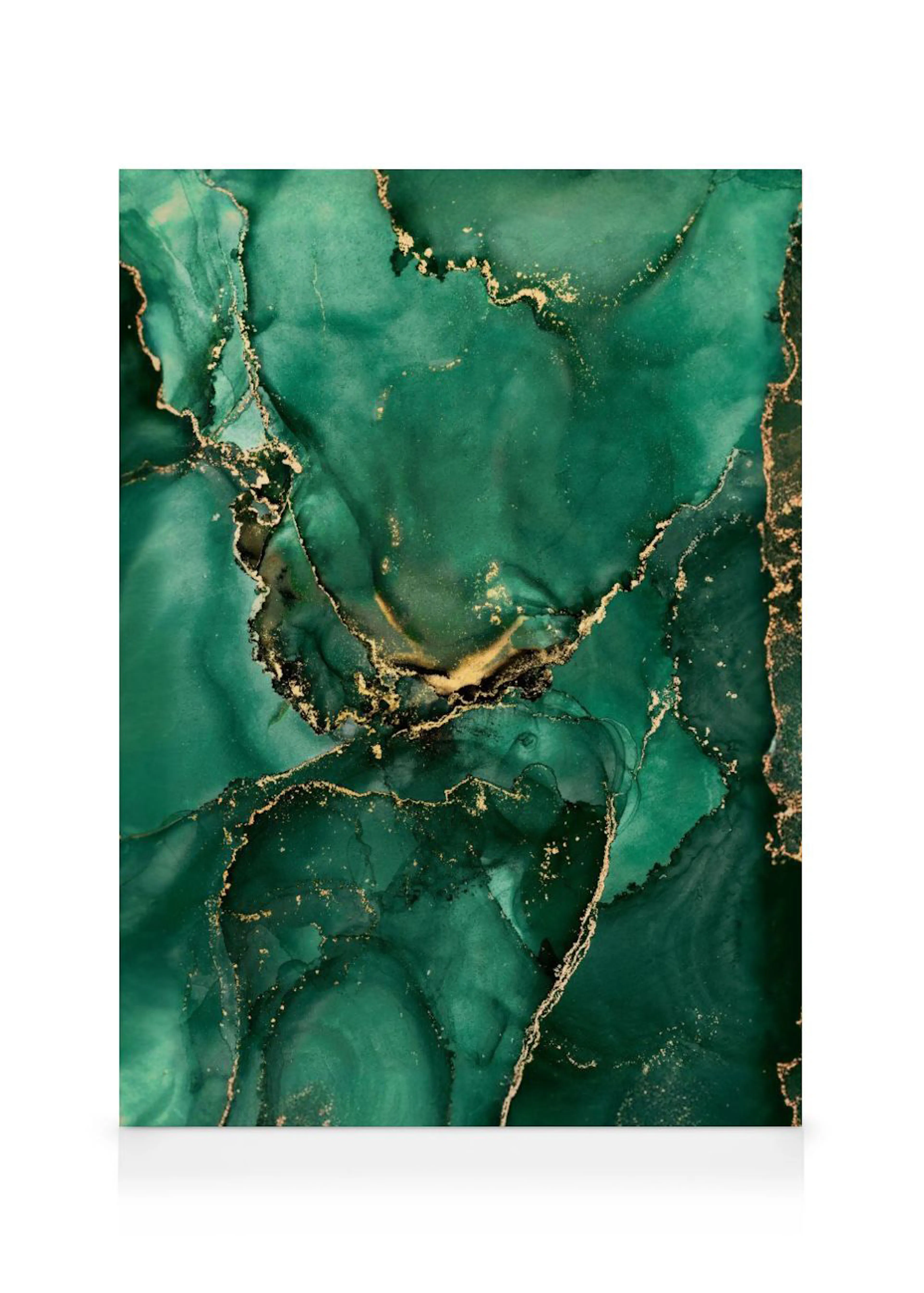A canvas showcasing an abstract pattern of flowing emerald green and teal hues with shimmering gold accents.