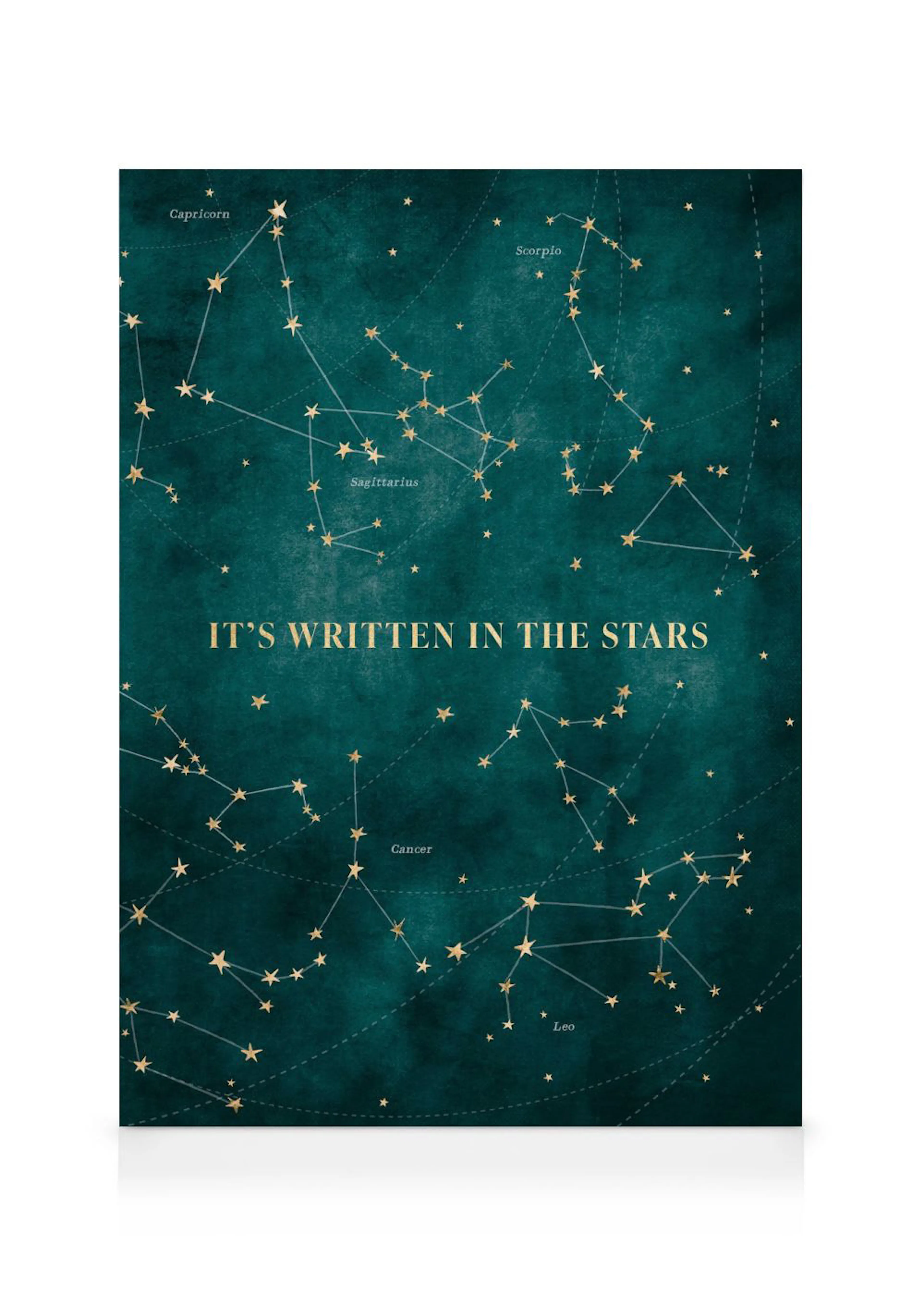 Obraz na plátně s tmavě tyrkysovým pozadím a zlatými souhvězdími zvěrokruhu a nápisem Its Written in the Stars.