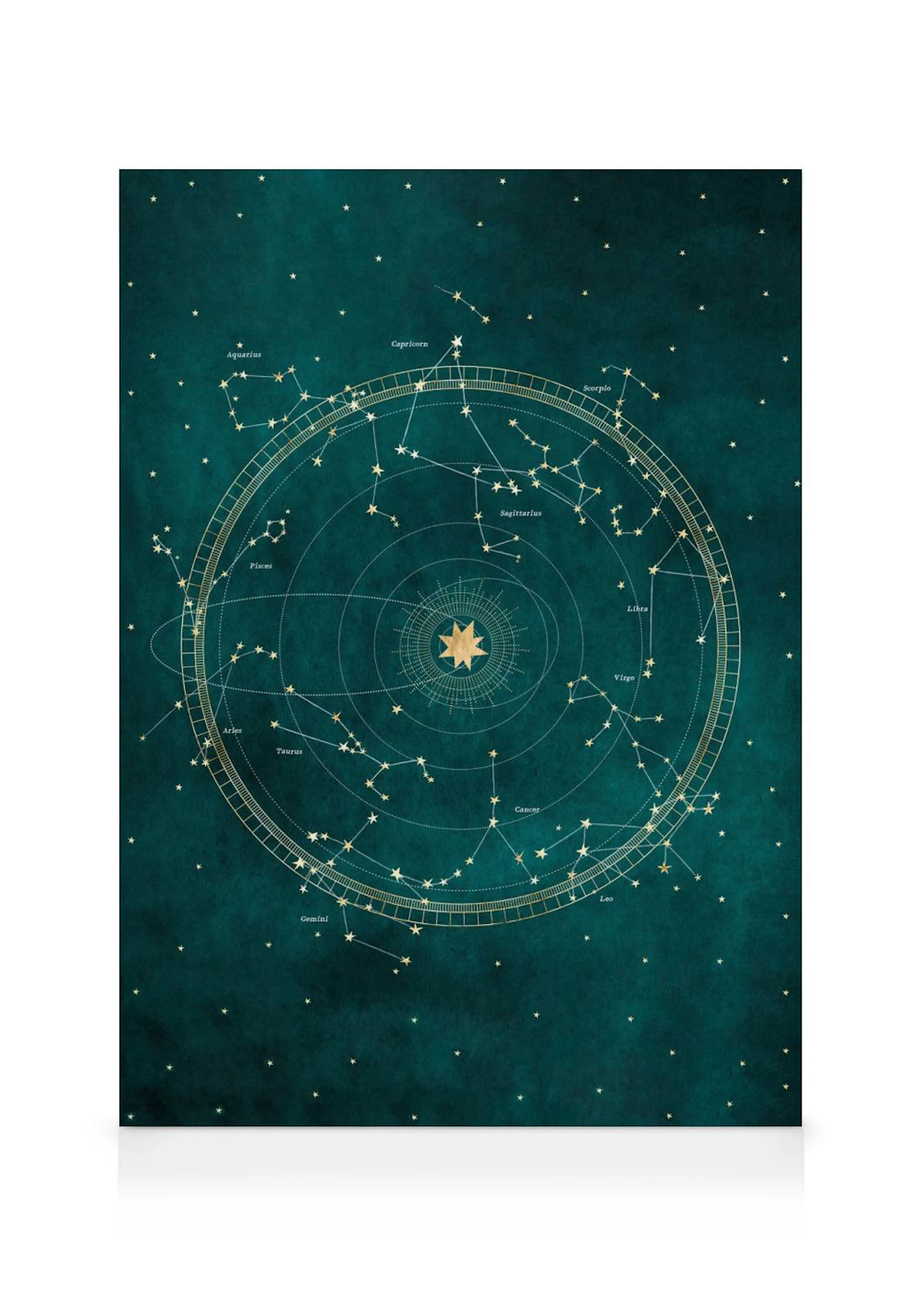 Toile vert foncé avec un motif circulaire doré dun planétarium céleste et de constellations du zodiaque.