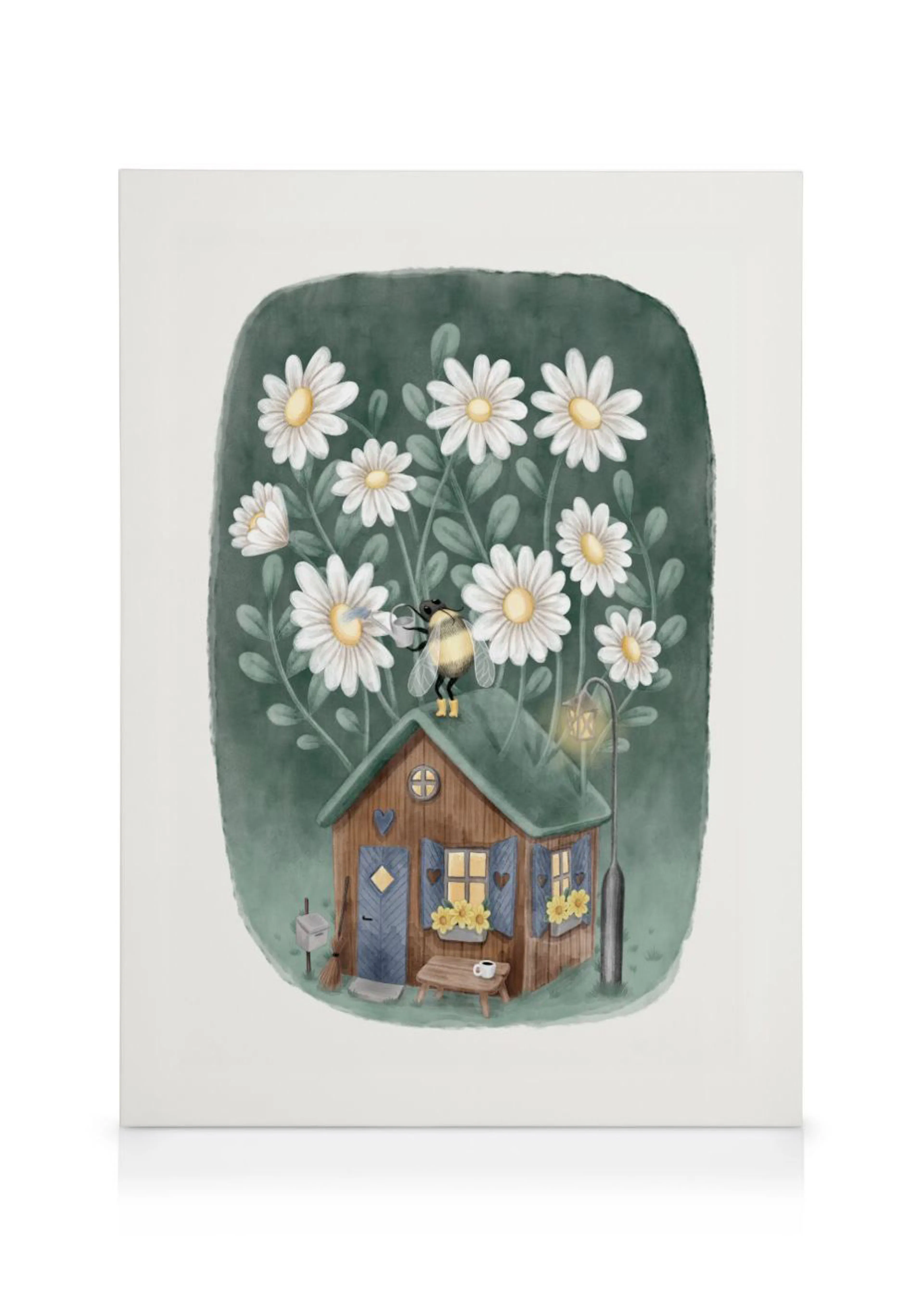 Toile illustrant une abeille arrosant des marguerites géantes au-dessus dune maisonnette en bois.