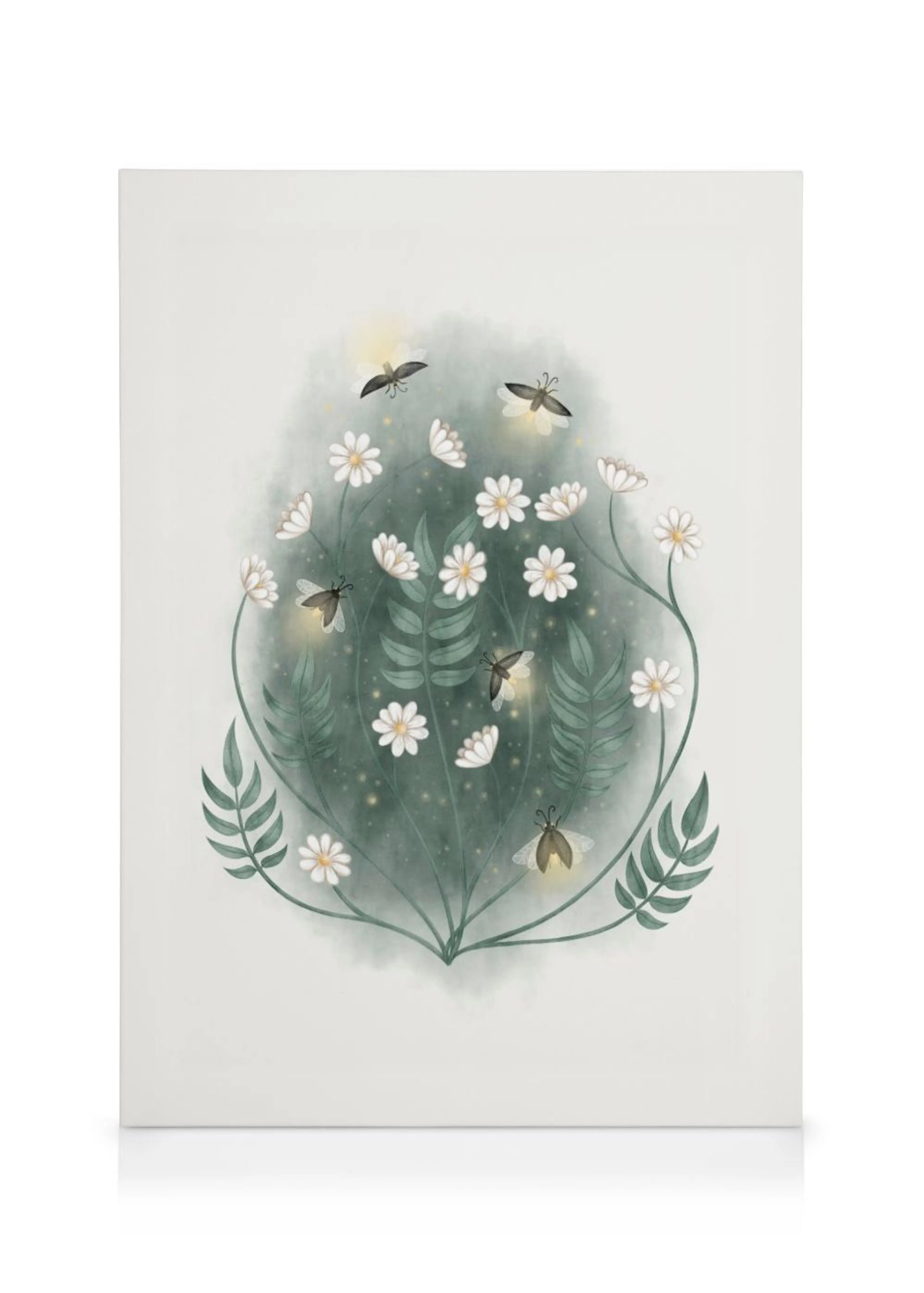Toile illustrant un bouquet de fleurs blanches et de feuilles vertes avec des lucioles.