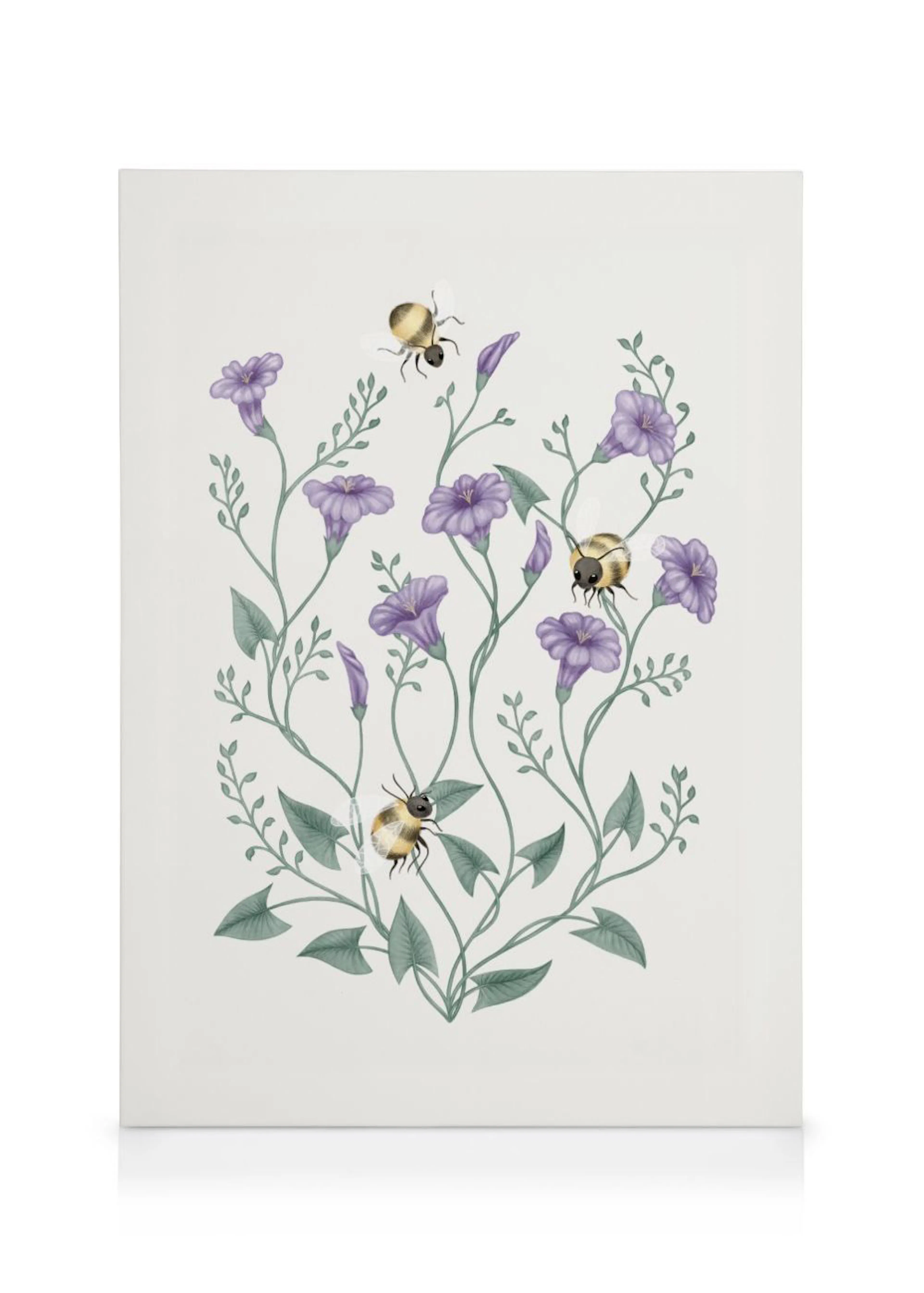 A canvas featuring a botanical illustration of purple morning glories and green foliage with three bees on a white background.