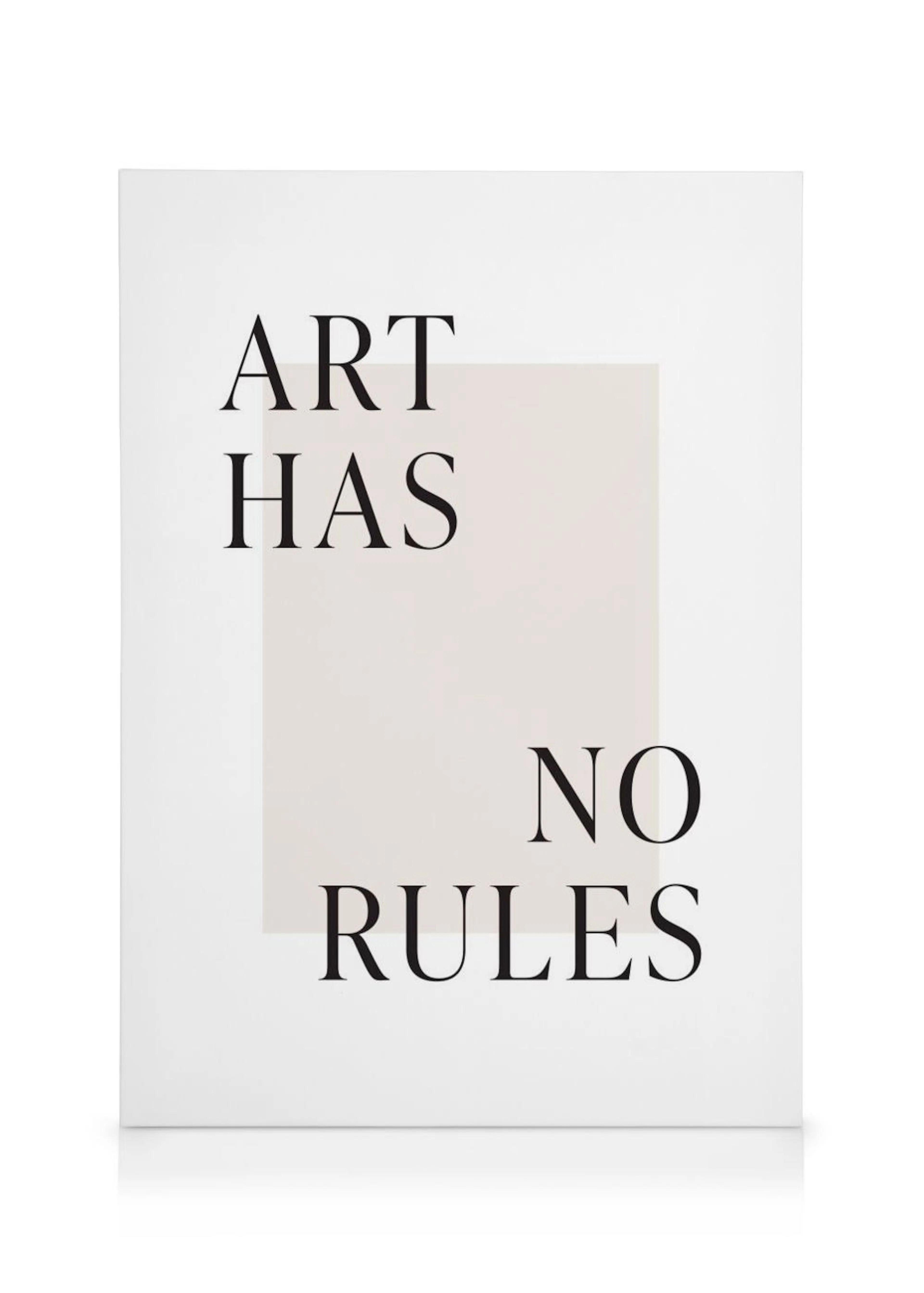 A canvas with black text ART HAS NO RULES on a white background with a light beige rectangle.