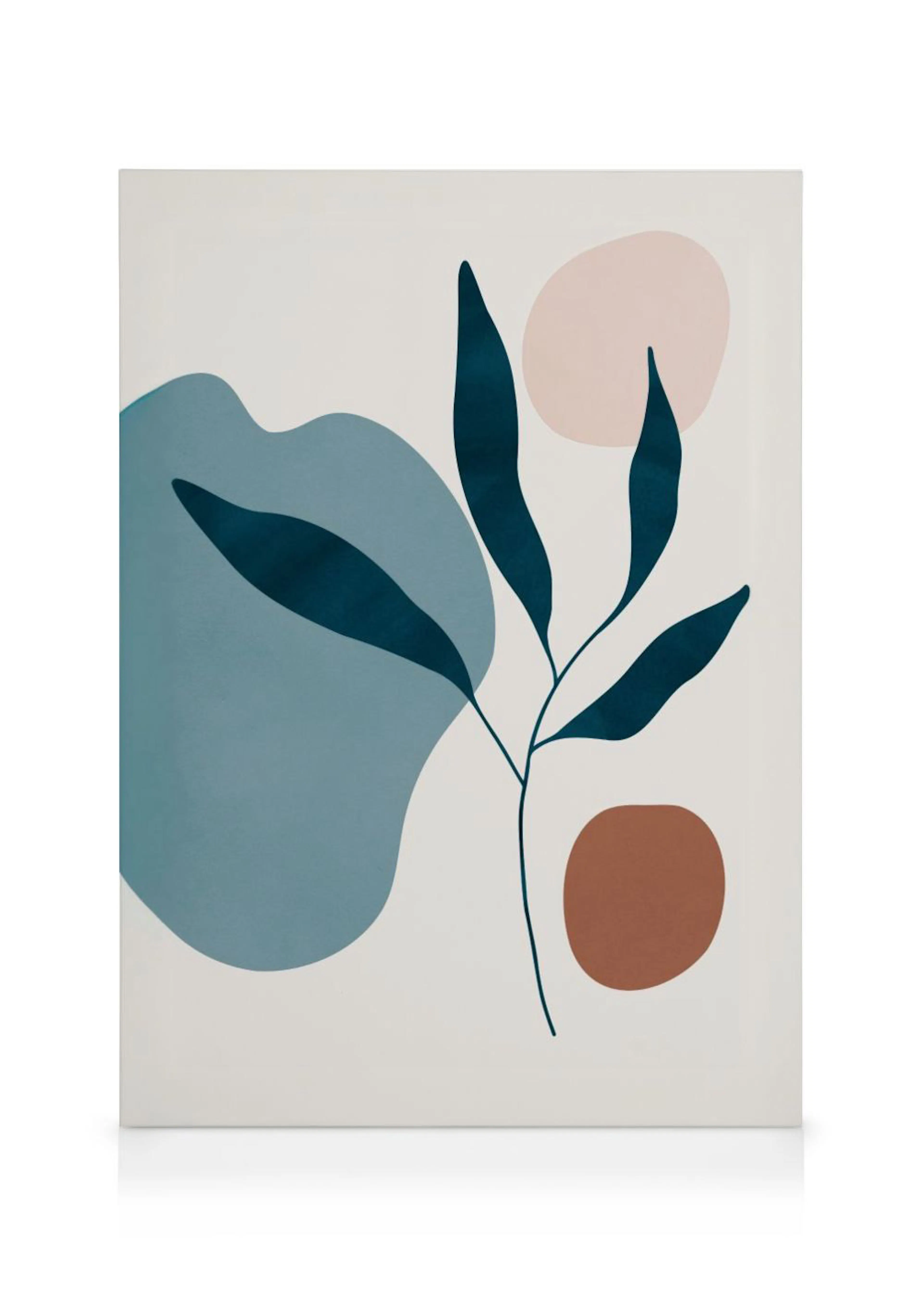 Botanical canvas with dark teal leaves, blue, pink, and brown organic shapes on a light background.