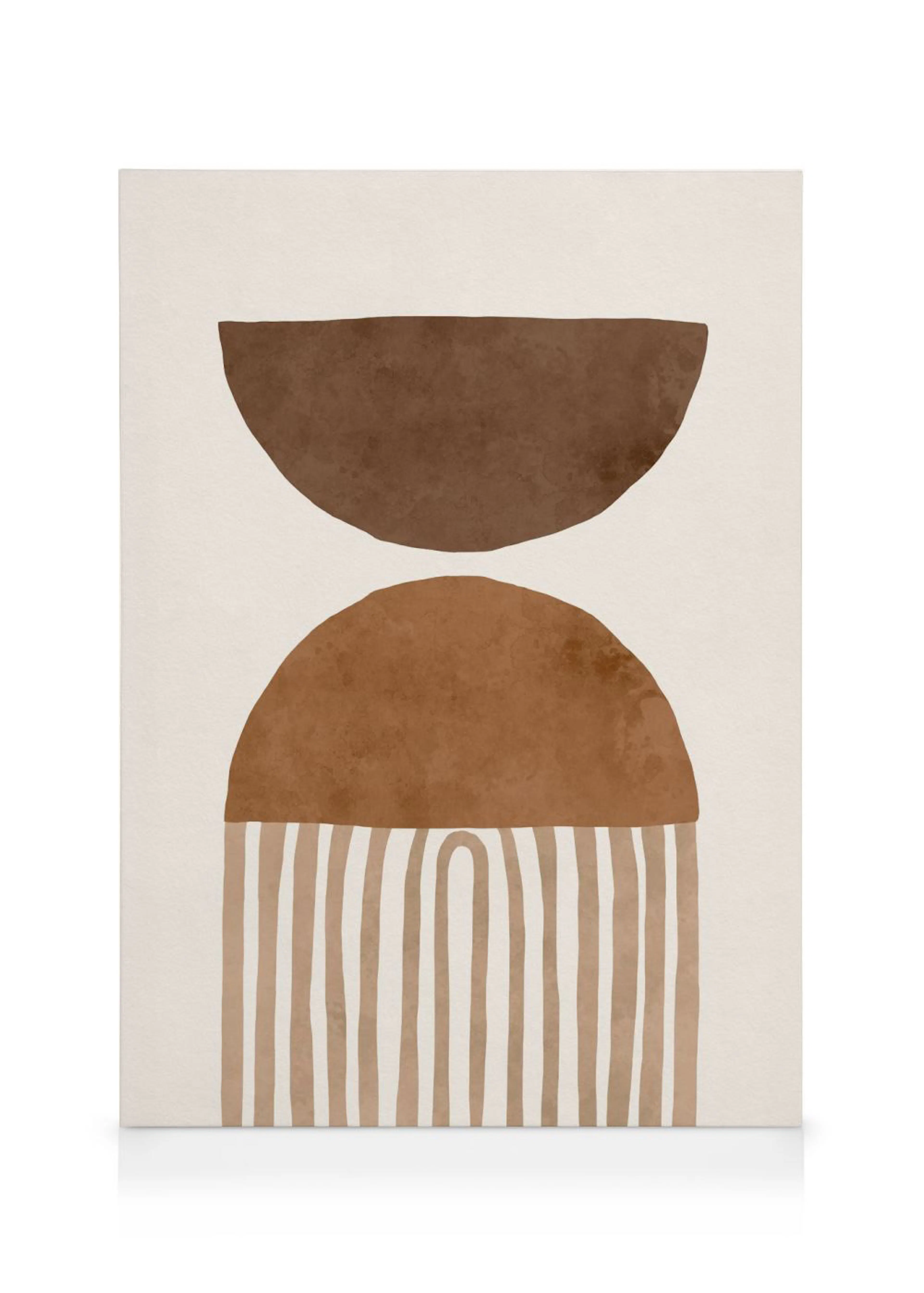 Lienzo con diseño abstracto minimalista de dos semicírculos en tonos marrones y líneas verticales beige.