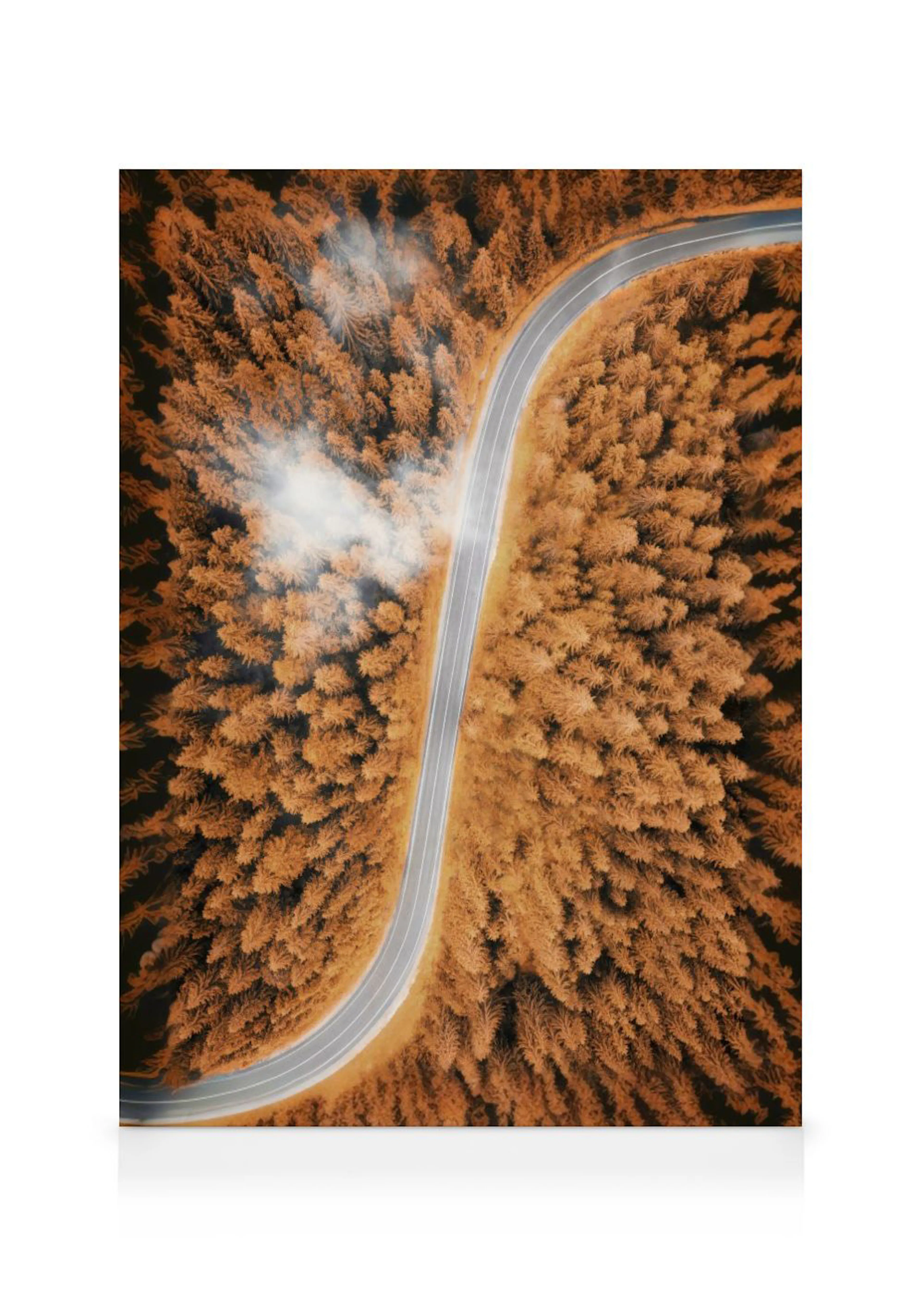 Toile vue du ciel dune route sinueuse traversant une forêt aux arbres orangés avec des nuages de brume.