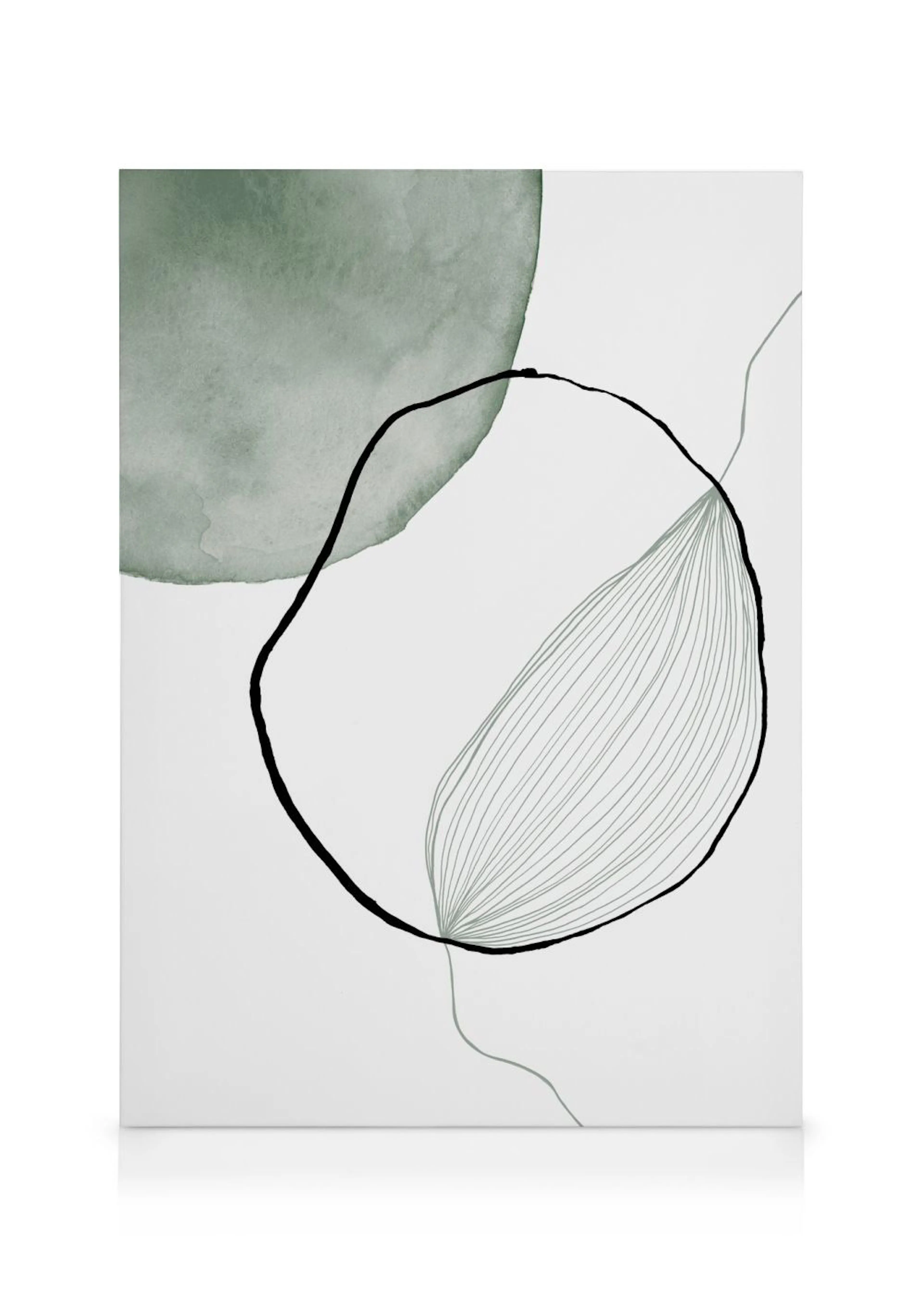 Een canvas met een abstracte print van een groene vlek en een zwarte lijn met dunne grijze lijnen die een blad vormen.