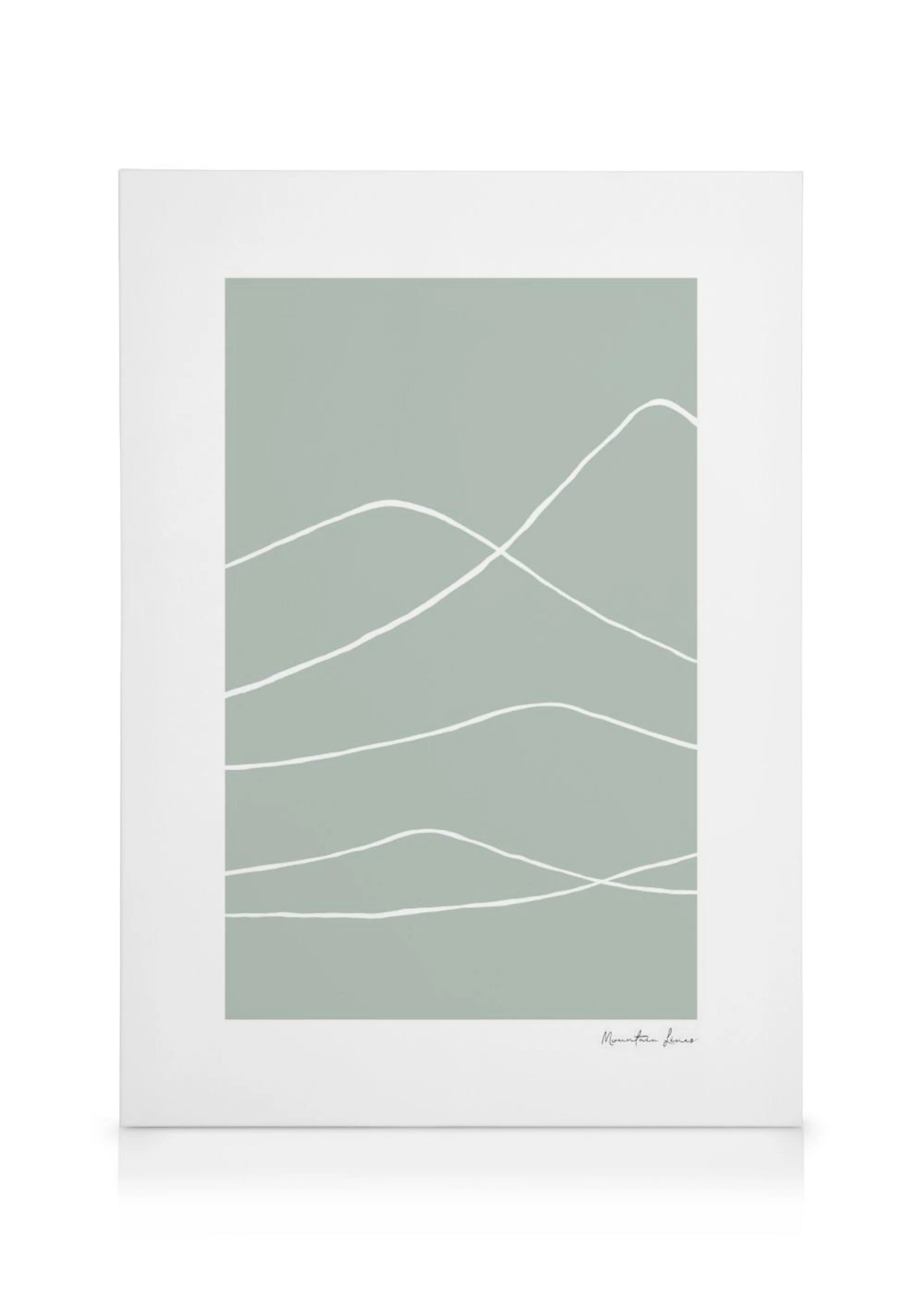 A canvas showcasing a minimalist mountain landscape with white wavy lines on a sage green background.