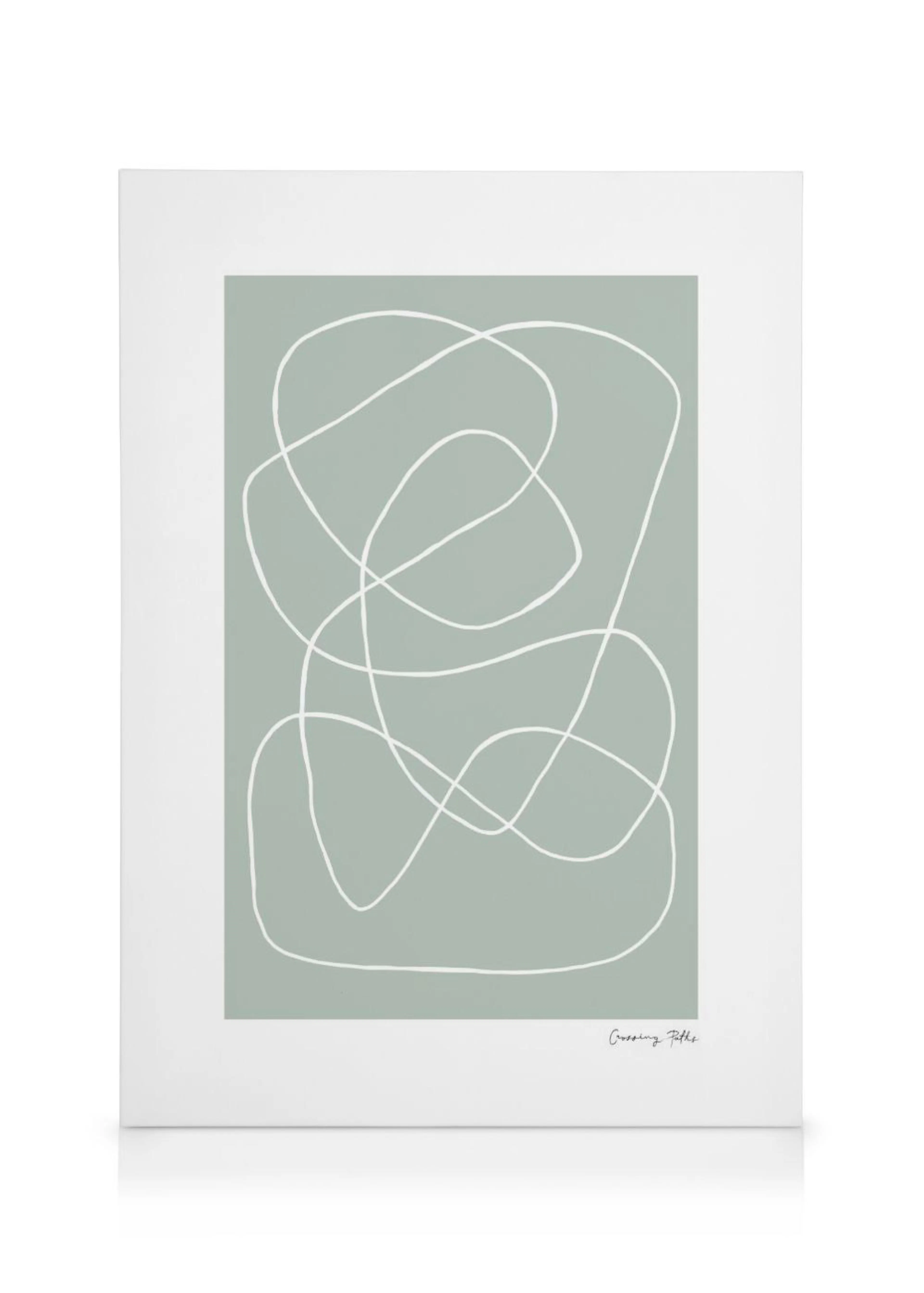 Leinwandbild mit weißen, geschwungenen Linien auf einem hellgrünen Hintergrund, minimalistisches Design.