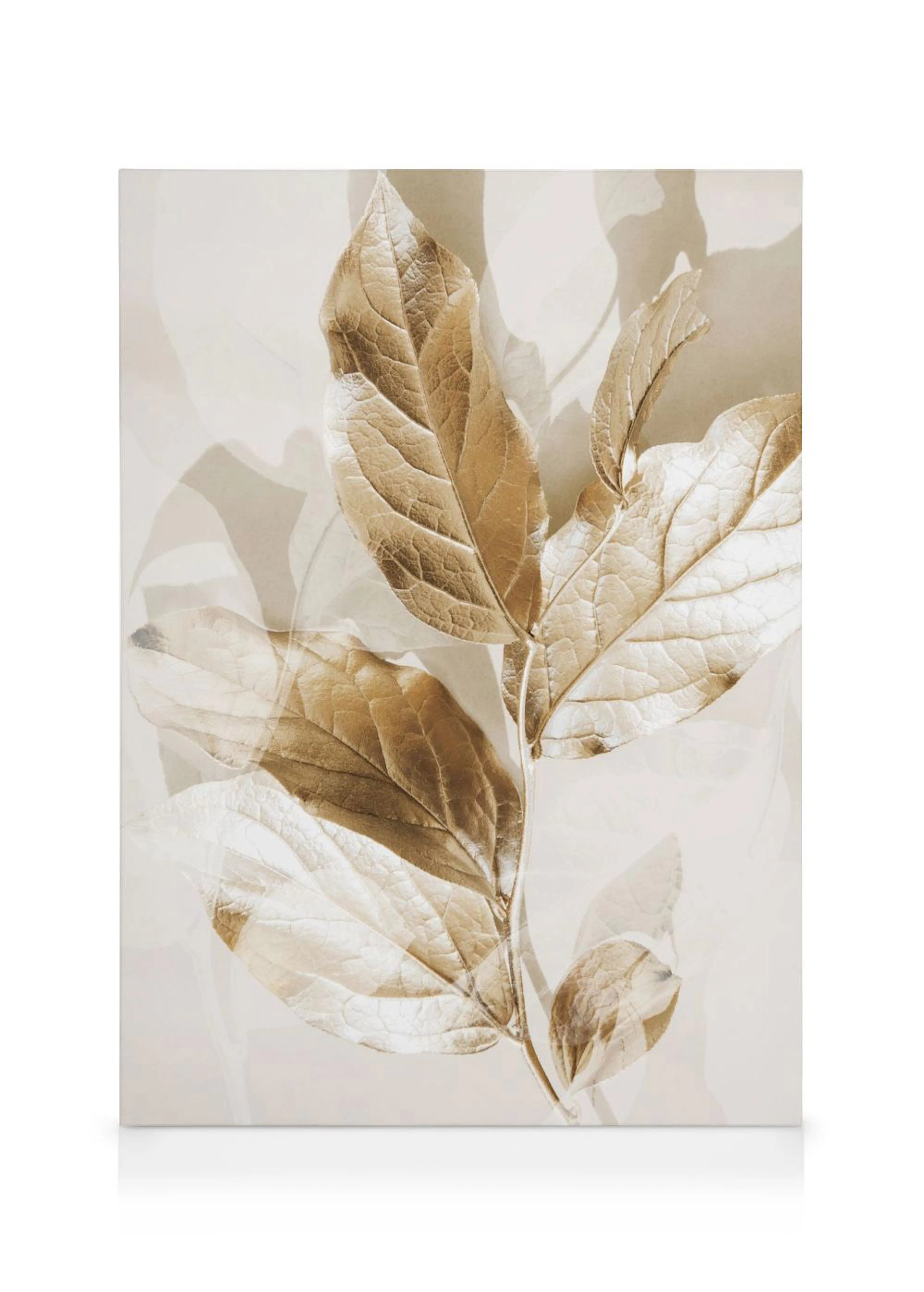Een canvas met een close-up van goudkleurige bladeren op een lichte, neutrale achtergrond.