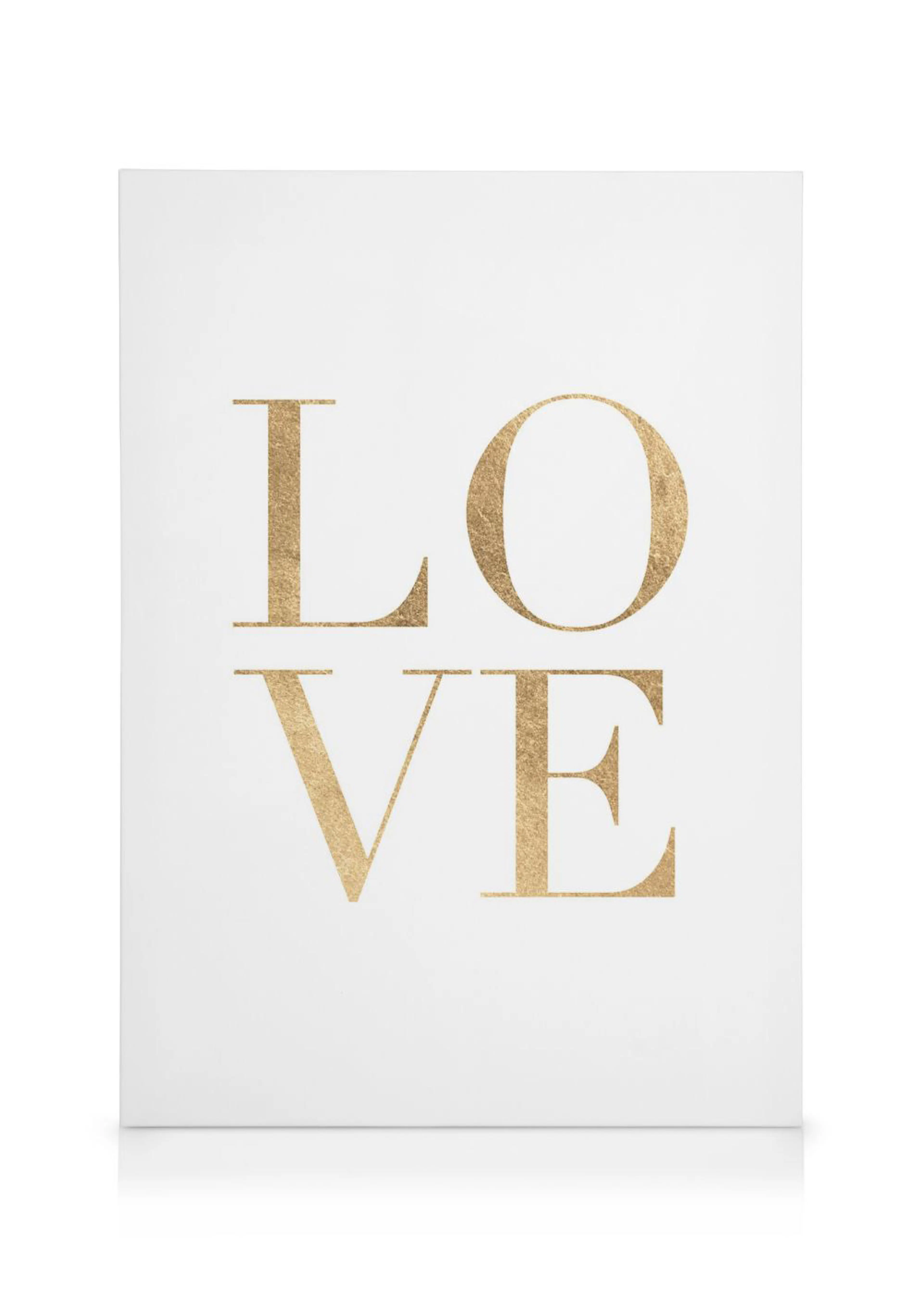 Leinwandbild mit dem Wort LOVE in goldener Schrift auf weißem Hintergrund, zweizeilig angeordnet.