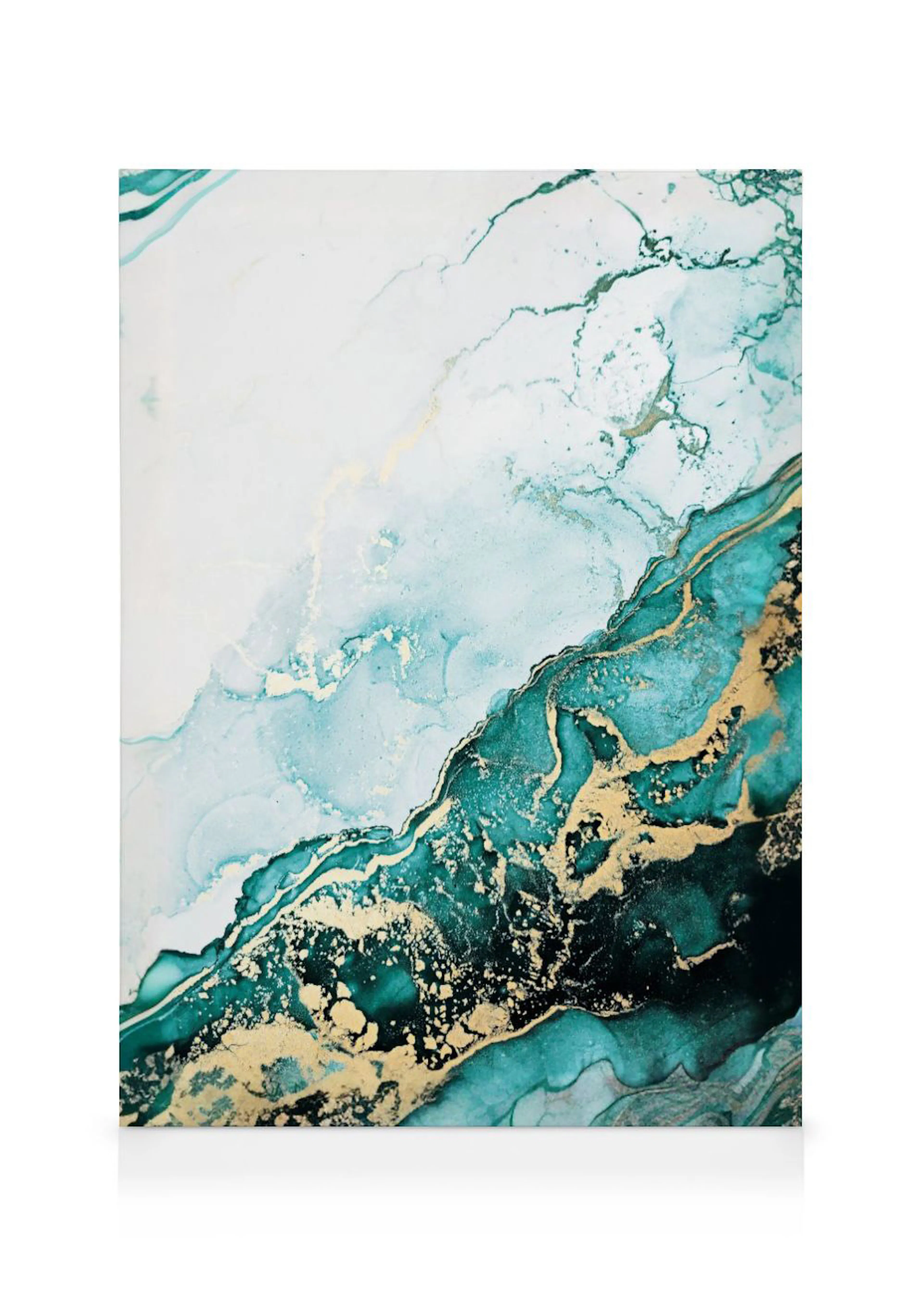 A canvas showcasing an abstract fluid painting with teal, white, and gold blending together in dynamic, flowing lines.