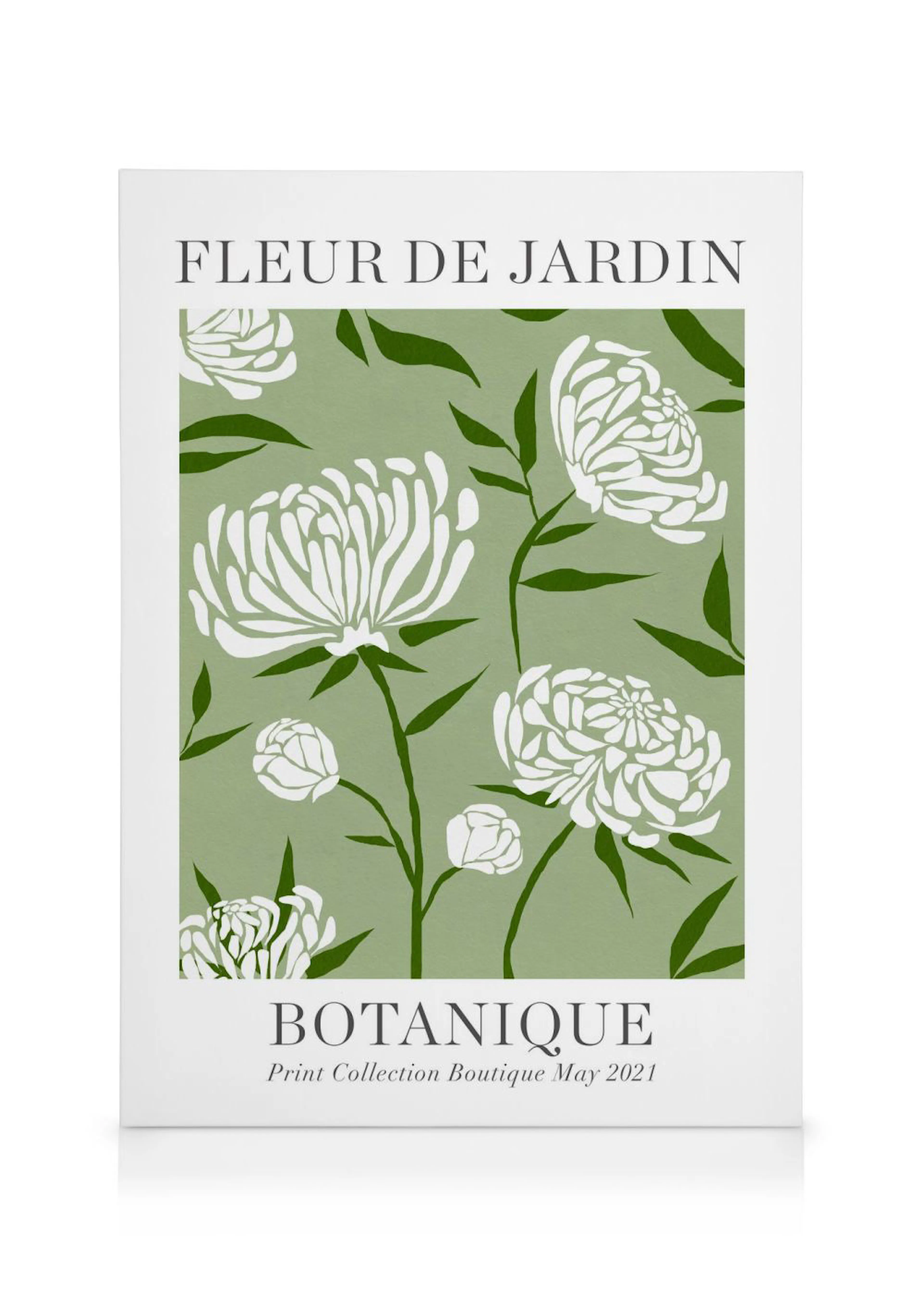 Een canvas met witte chrysantenbloemen en donkergroene bladeren op een lichtgroene achtergrond, met de tekst FLEUR DE JARDIN.