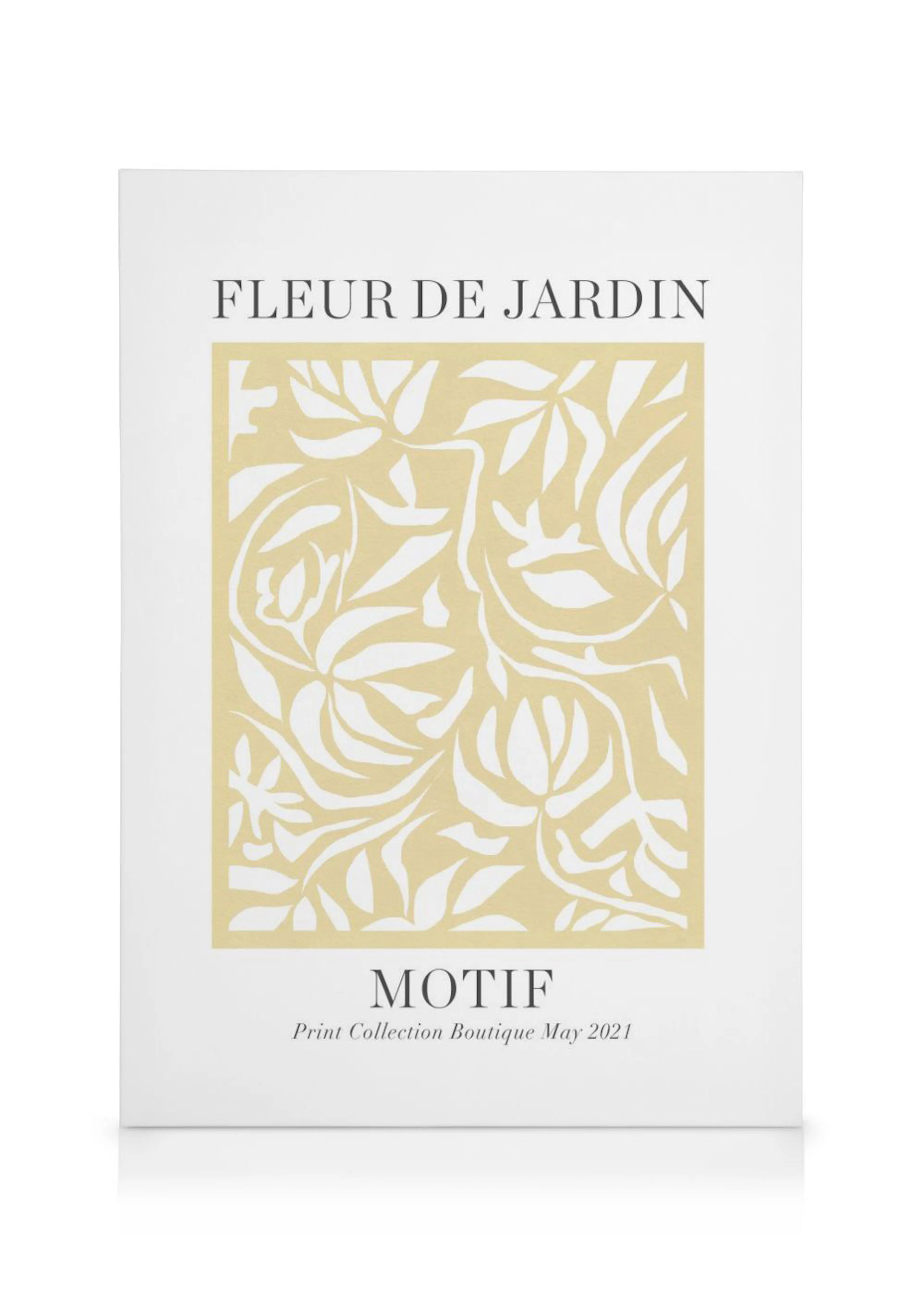 A canvas featuring a tan rectangular background with white organic floral and leaf patterns, and text FLEUR DE JARDIN MOTIF.