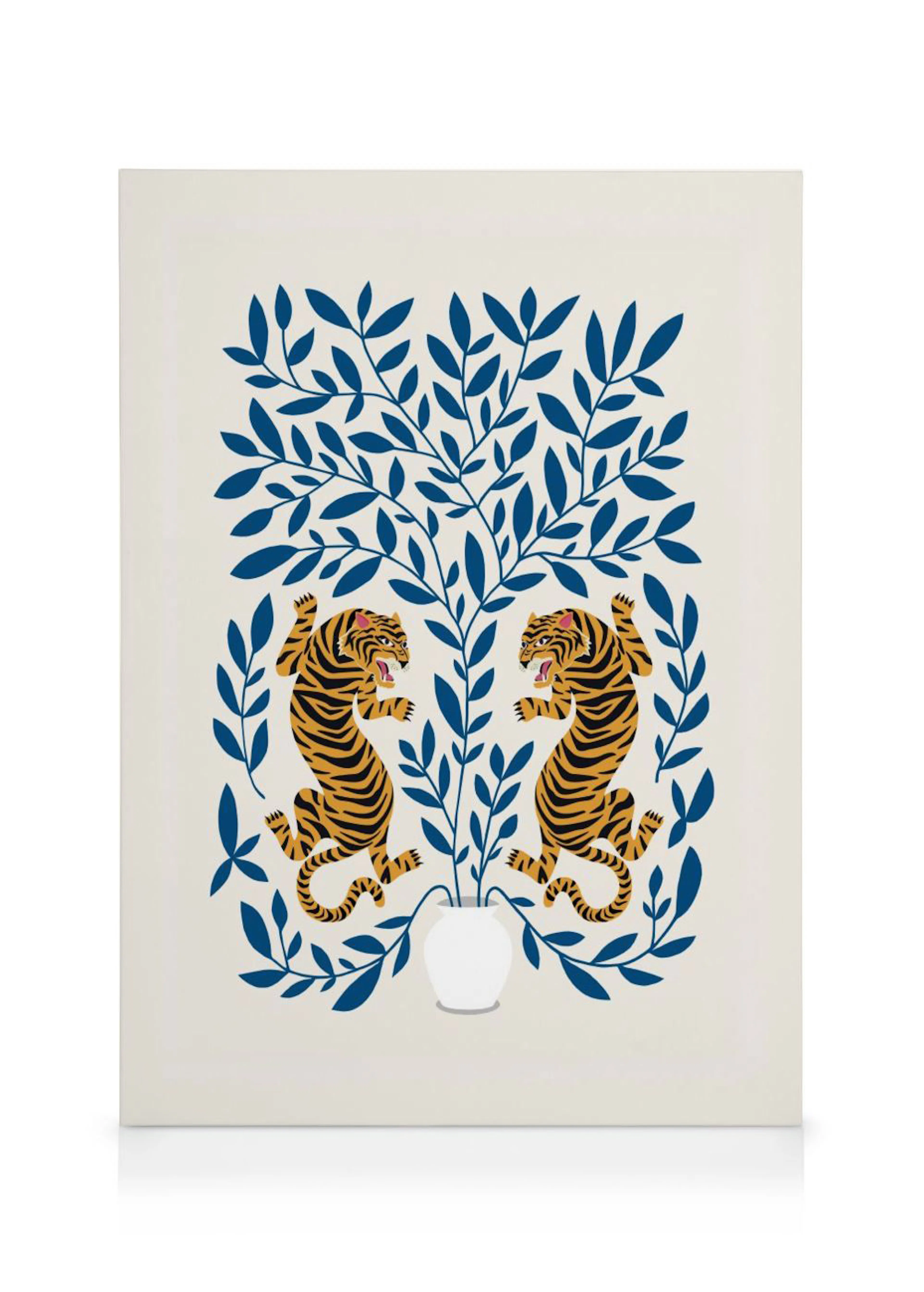 A canvas featuring two golden tigers with black stripes, roaring, facing each other with blue foliage and a white vase.