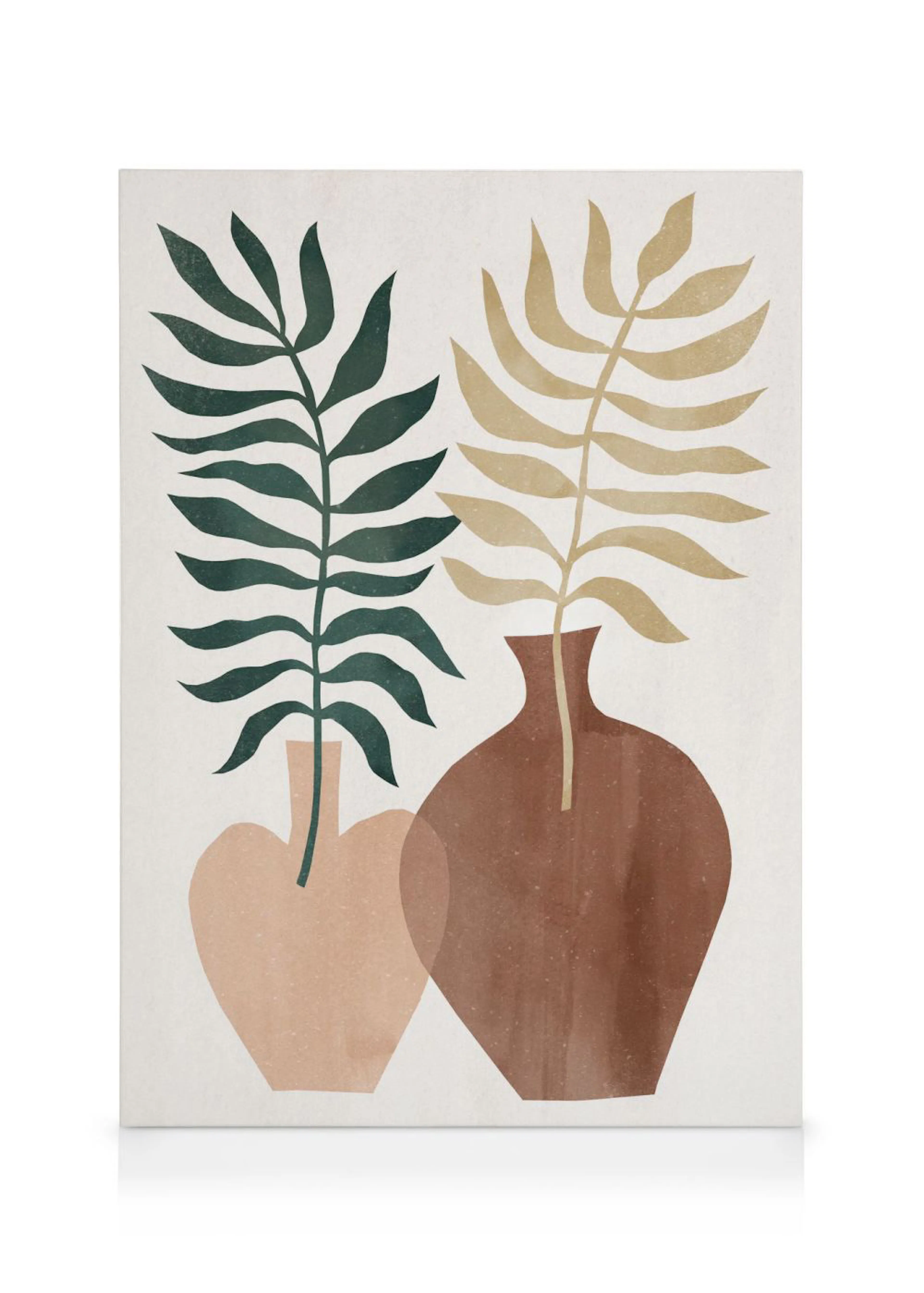 Toile abstraite avec deux vases terre cuite et des feuilles : une verte et une beige sur fond clair.
