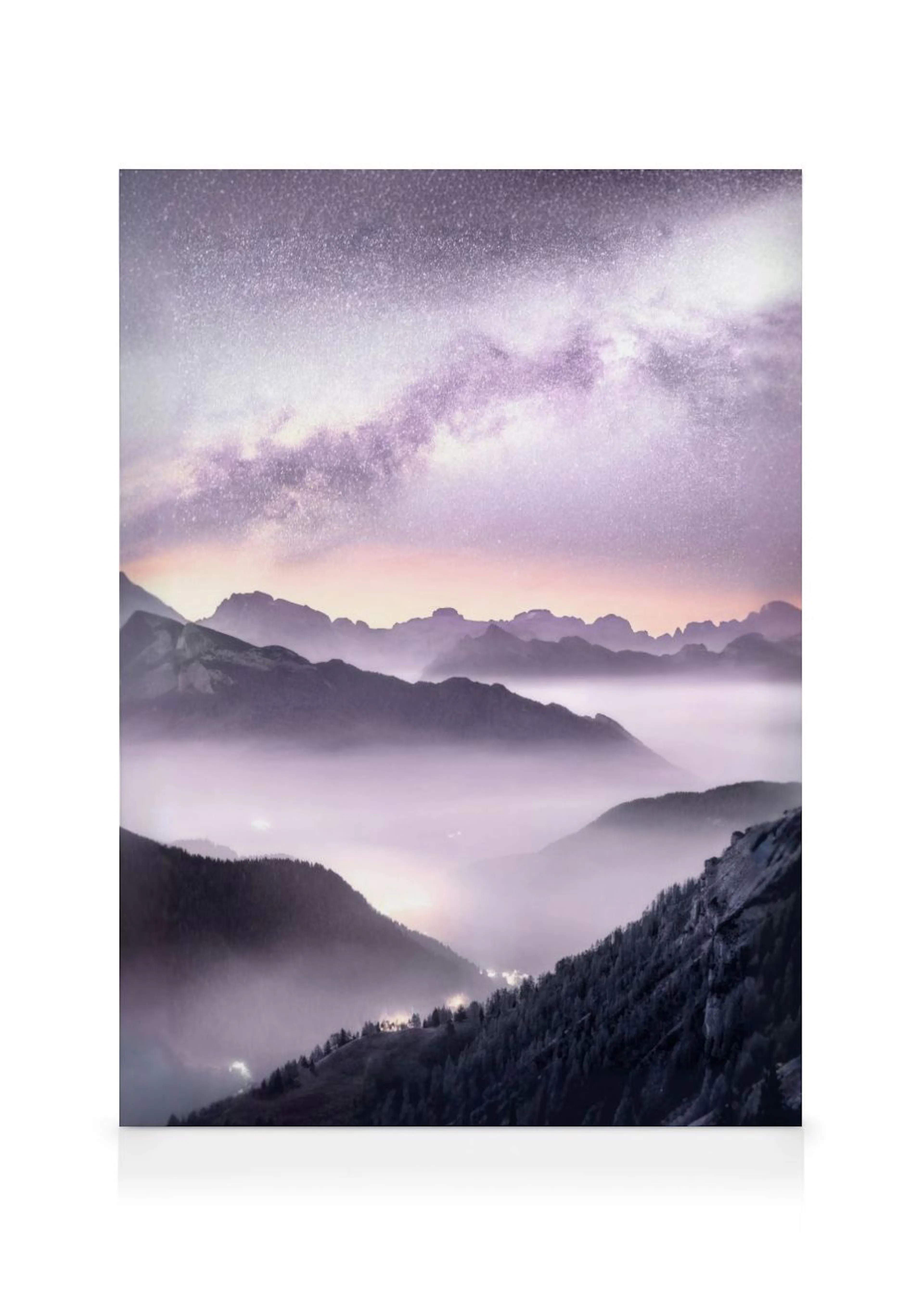 A canvas showing a misty mountain landscape under a starry purple and pink sky with the Milky Way visible.