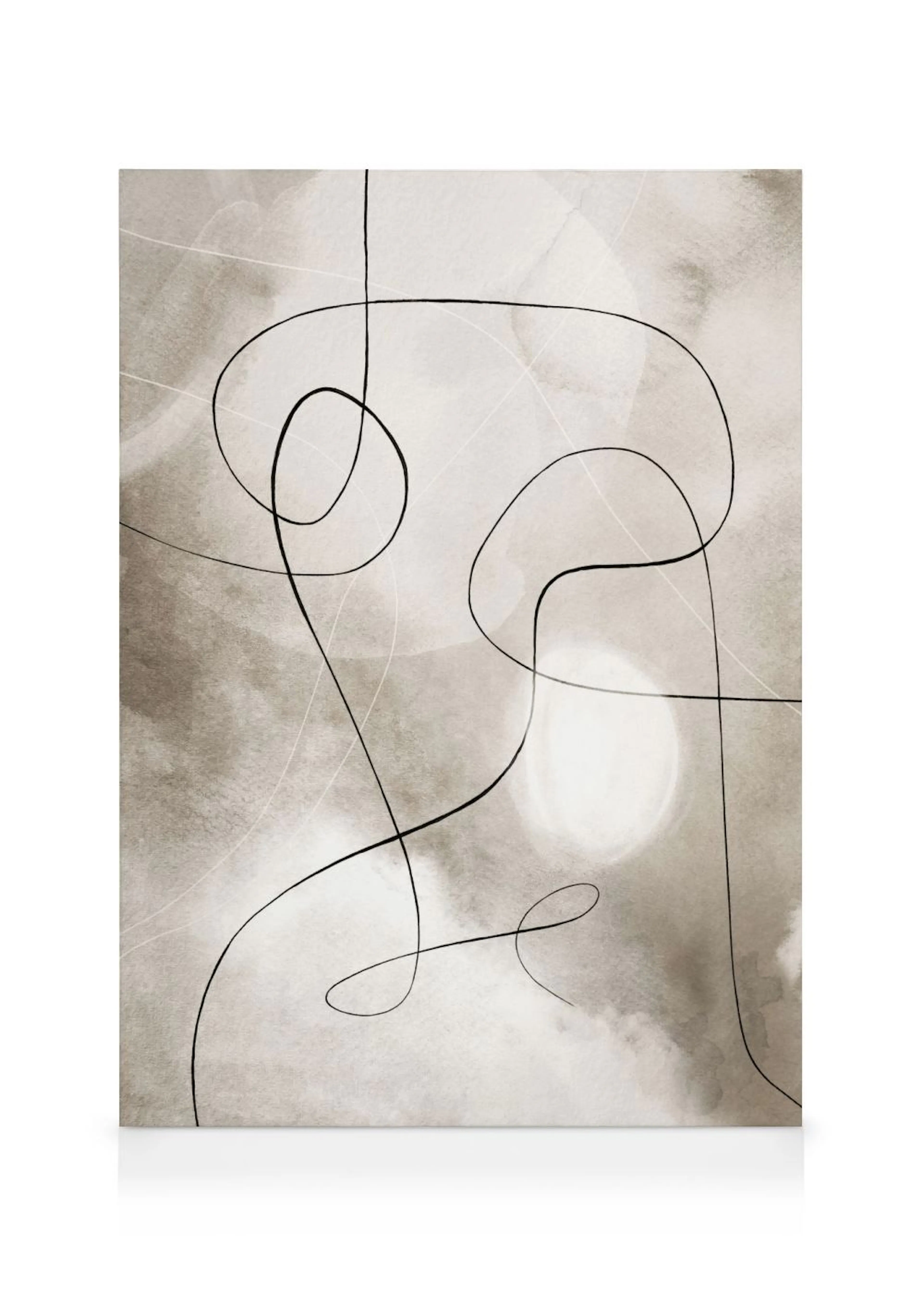 Toile abstraite en noir et blanc avec des lignes fines et courbes sur un fond texturé beige et gris.