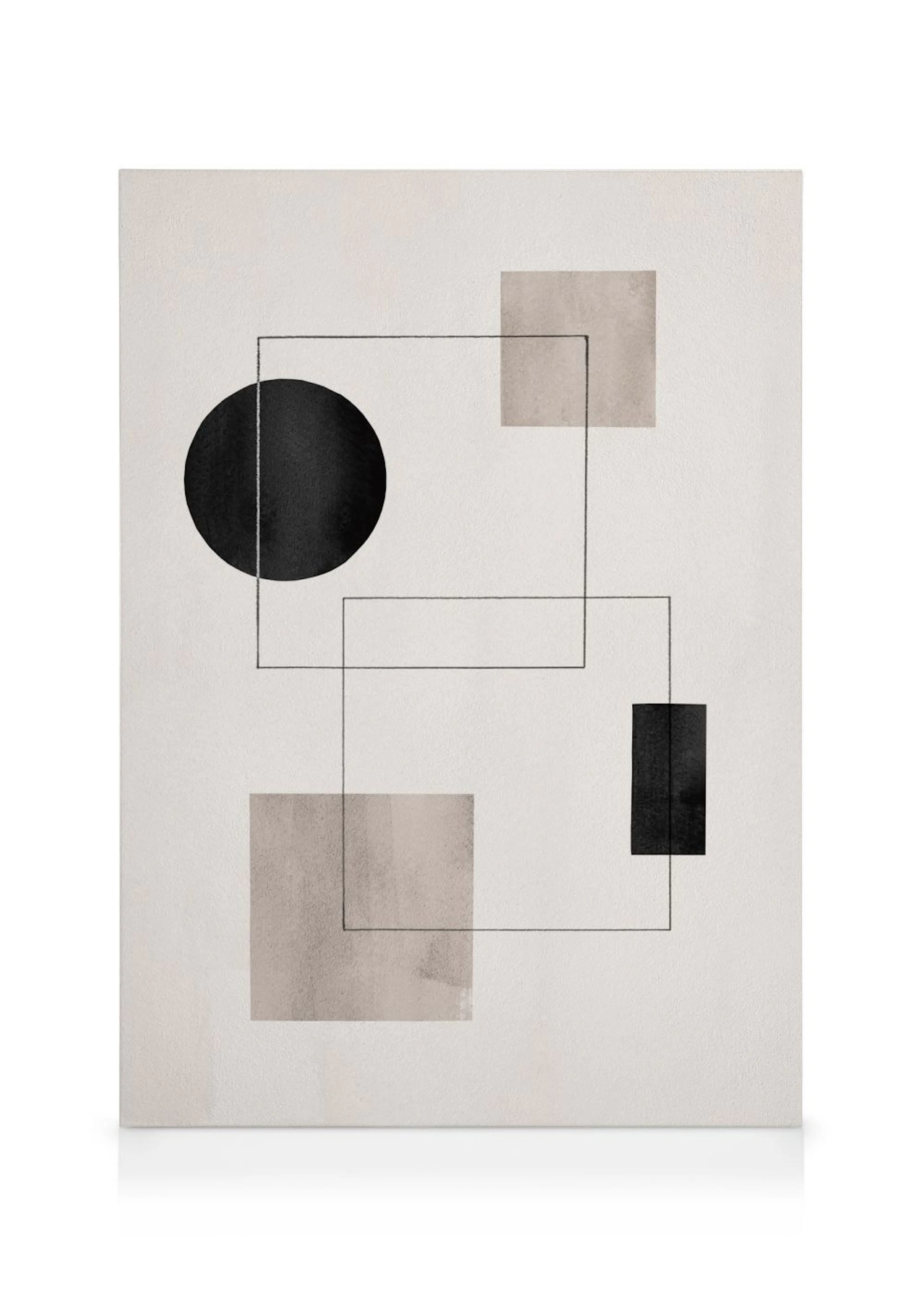 Een canvas met abstracte kunst: zwarte cirkel en rechthoek, en beige vierkanten, verbonden door dunne lijnen op een witte achter