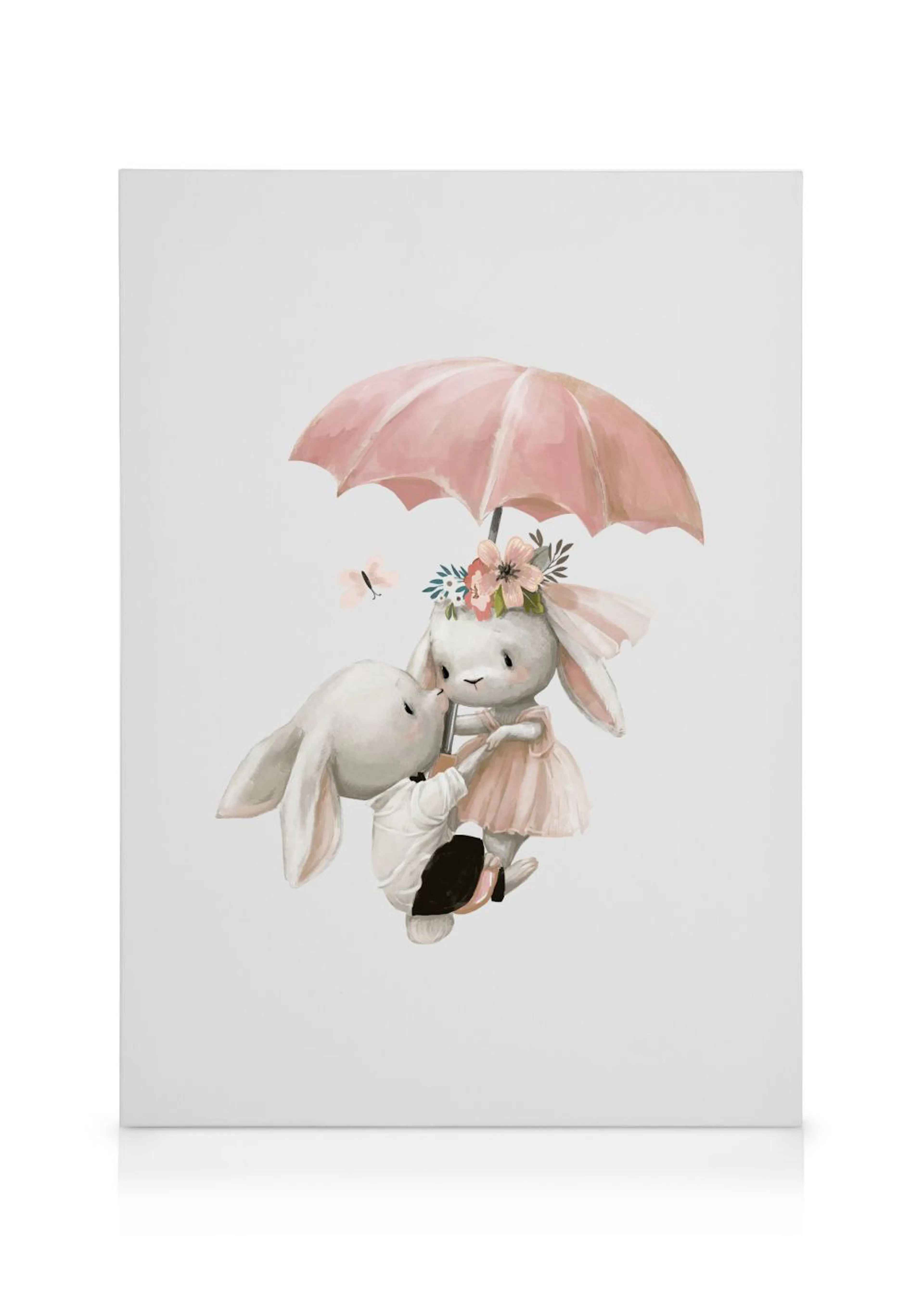 Toile pour chambre denfant représentant deux lapins, lun tenant un parapluie rose, lautre aux fleurs sur la tête.