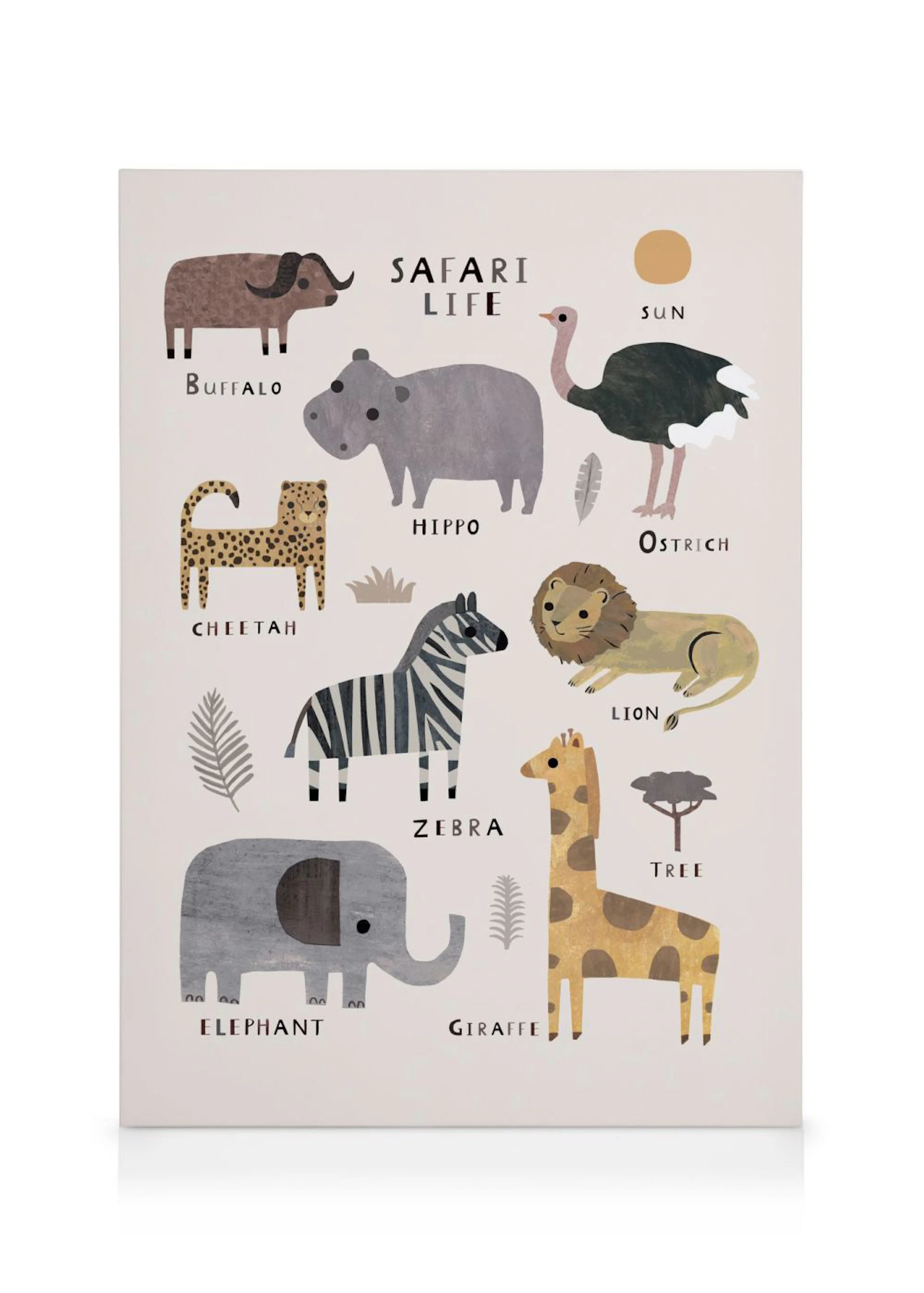 Toile éducative La vie en Safari avec buffle, hippopotame, autruche, léopard, zèbre, lion, éléphant et girafe.