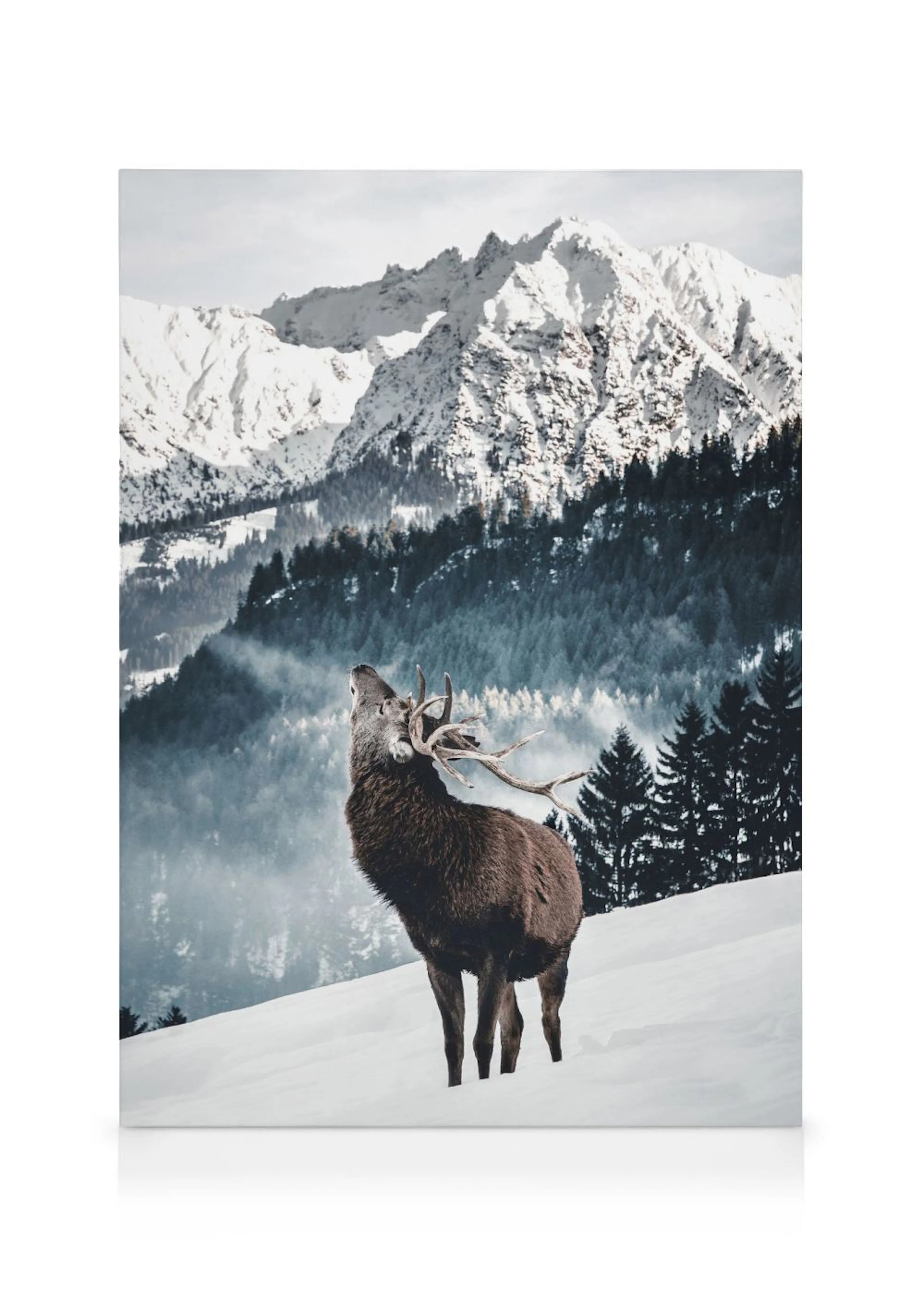 Toile dun cerf bramant dans un paysage enneigé, avec des montagnes et forêts brumeuses en arrière-plan.