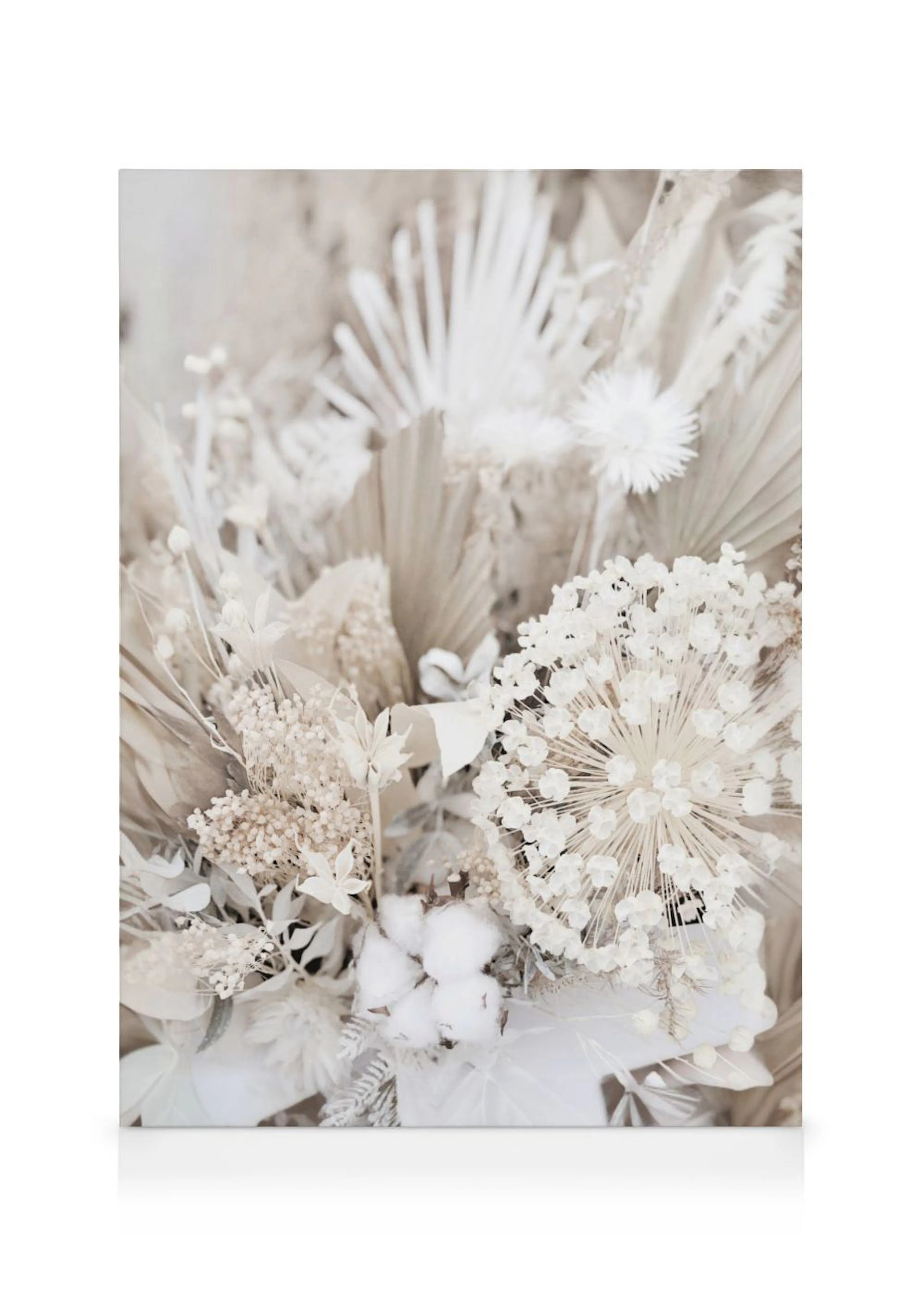 Leinwandbild mit getrockneten Blumen in Beige- und Cremetönen, inklusive Baumwolle und Palmwedeln.