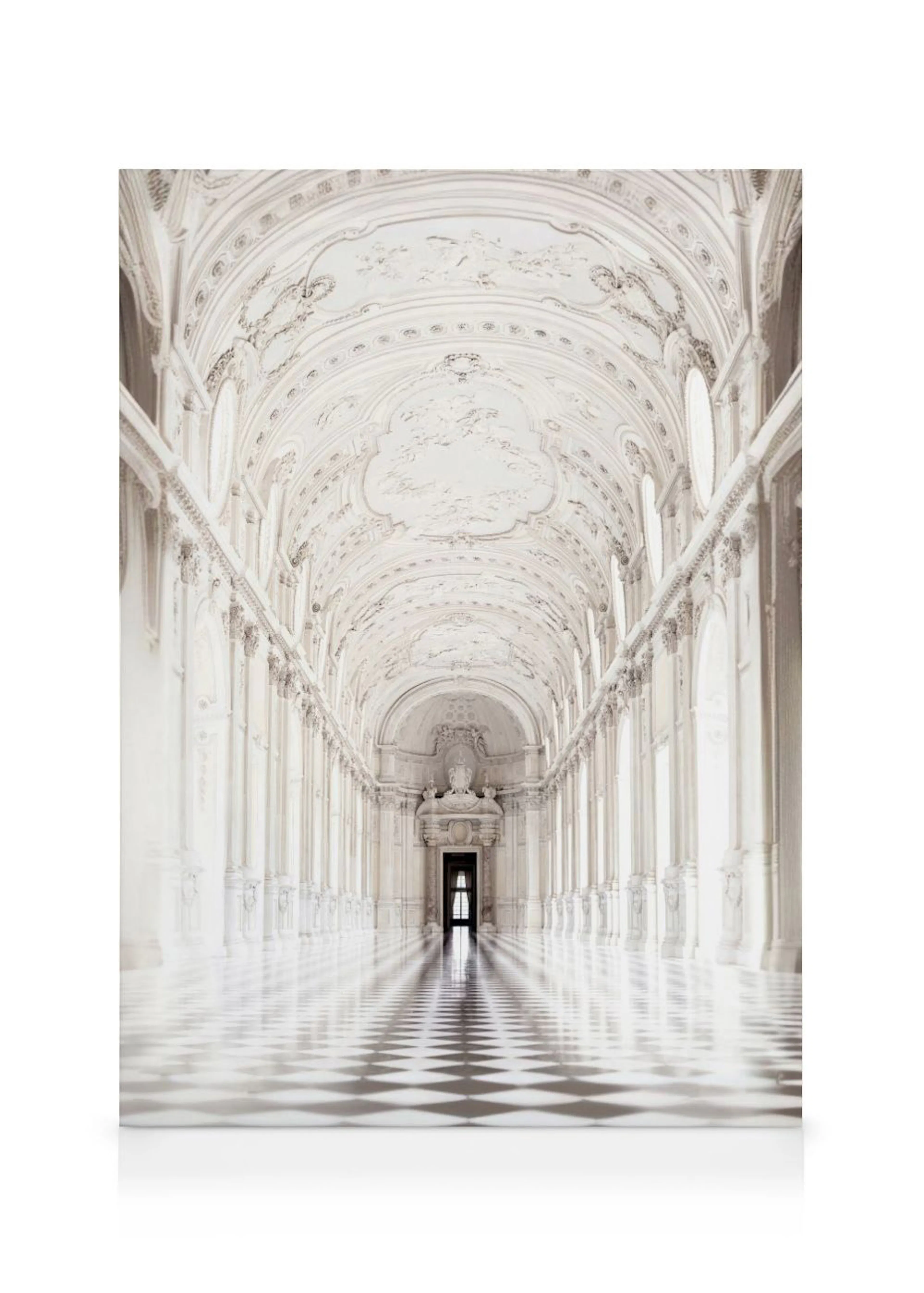 A canvas showing a long, ornate white baroque hallway with a checkered floor, leading to a dark archway.