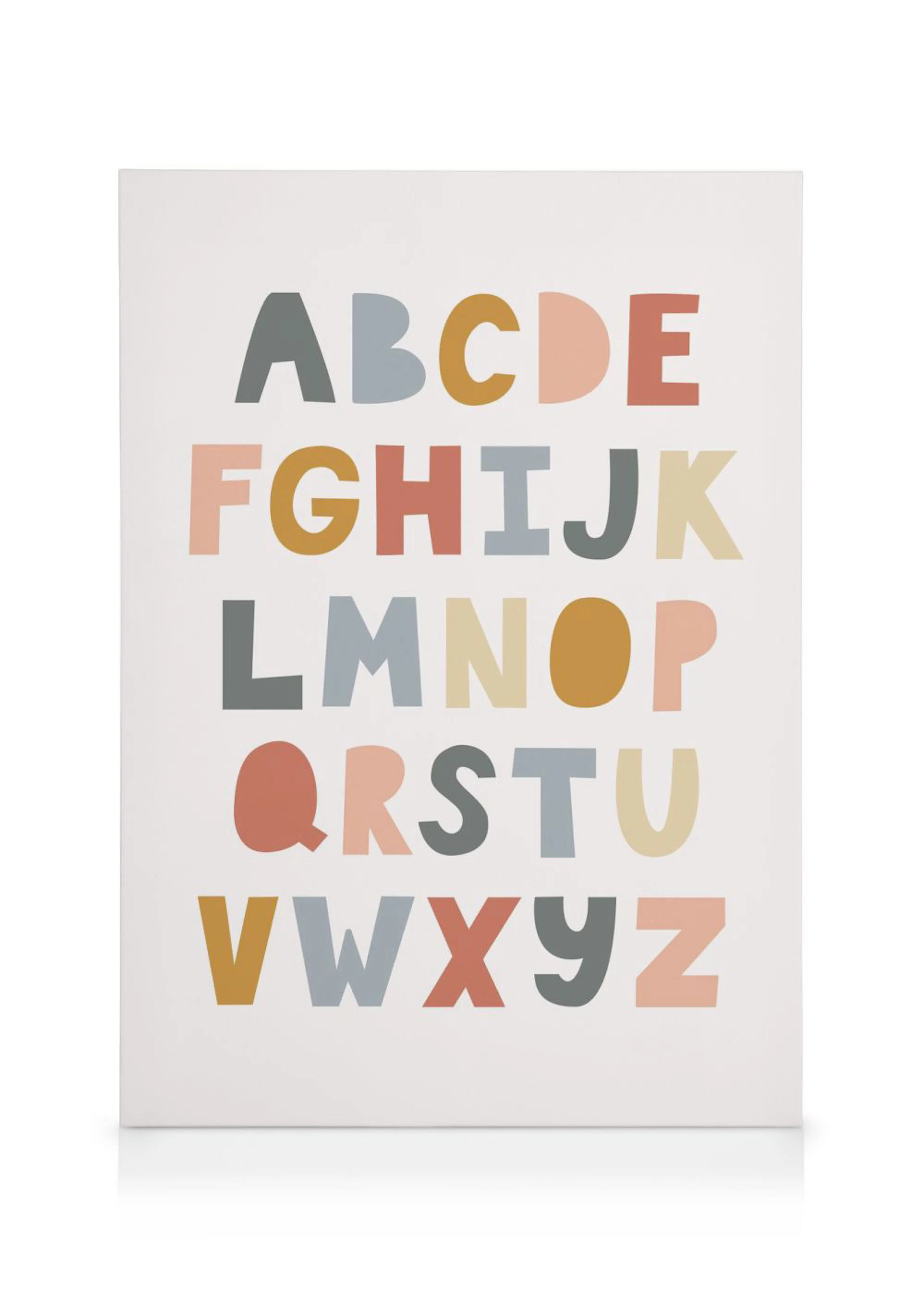 A canvas featuring the English alphabet in playful, multicoloured block letters on a white background.