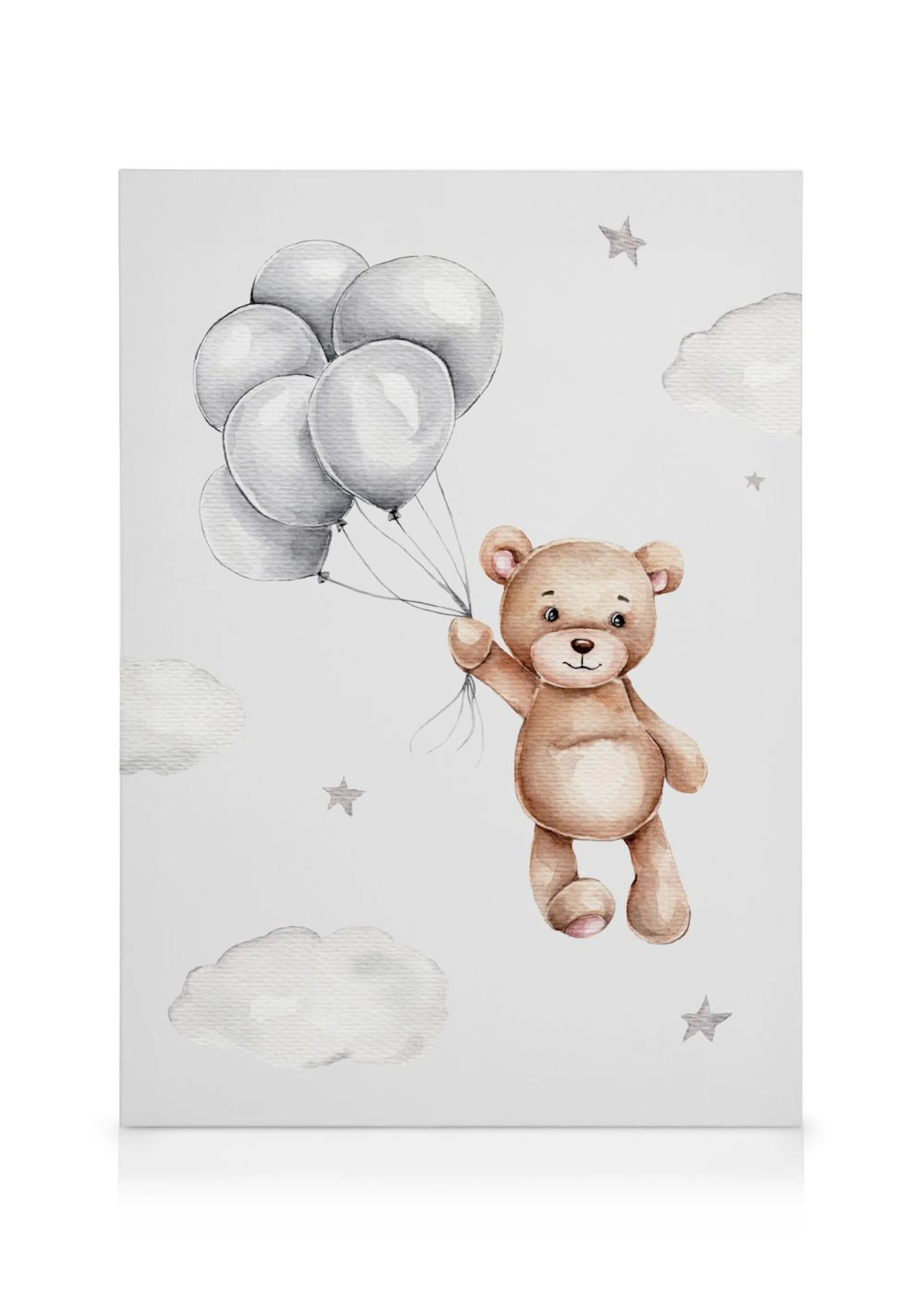 Leinwandbild mit einem fliegenden Teddybär der weiße Ballons hält, umgeben von Wolken und Sternen.