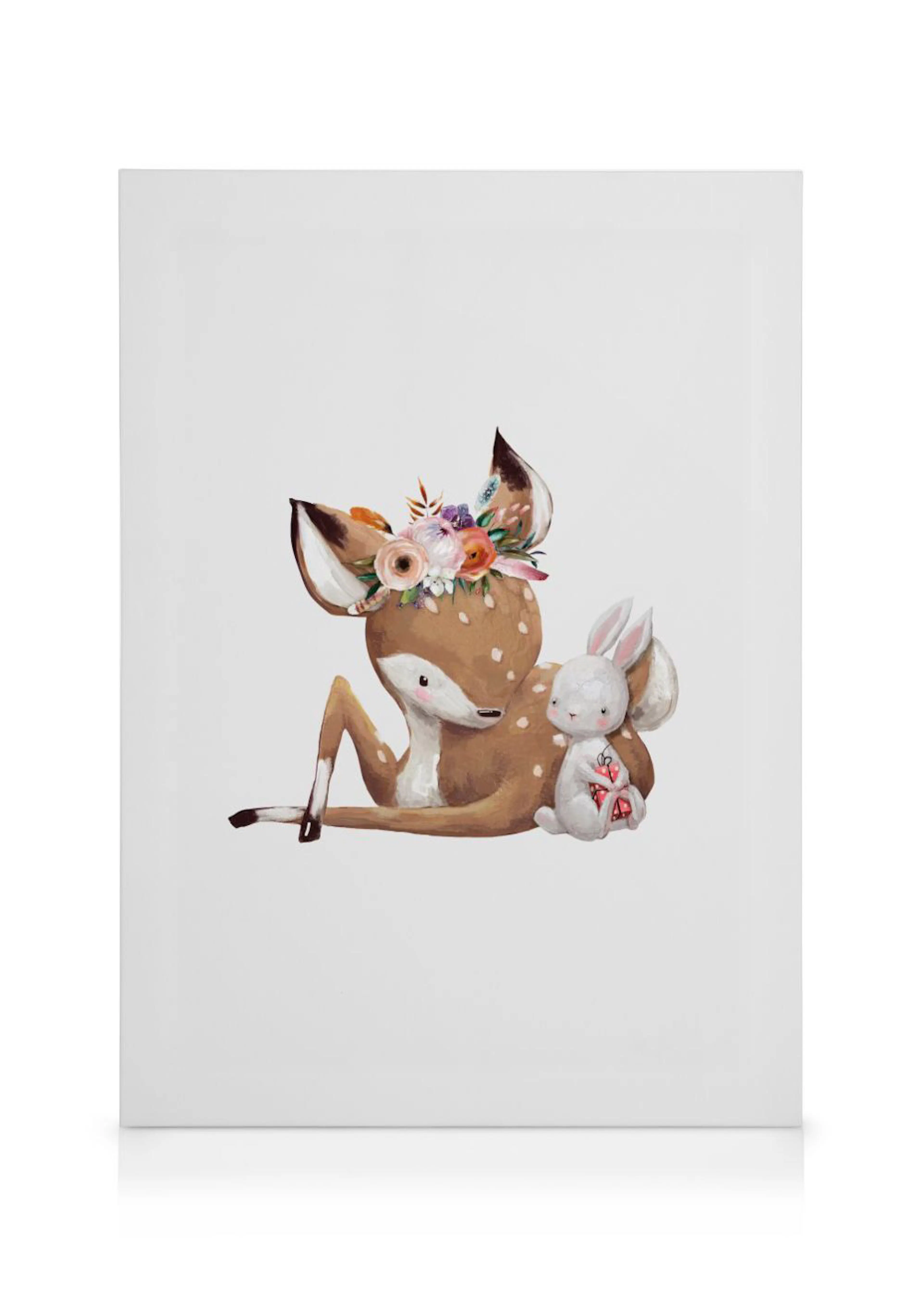 A canvas of a baby deer with a floral crown, sitting next to a white bunny holding a red heart.