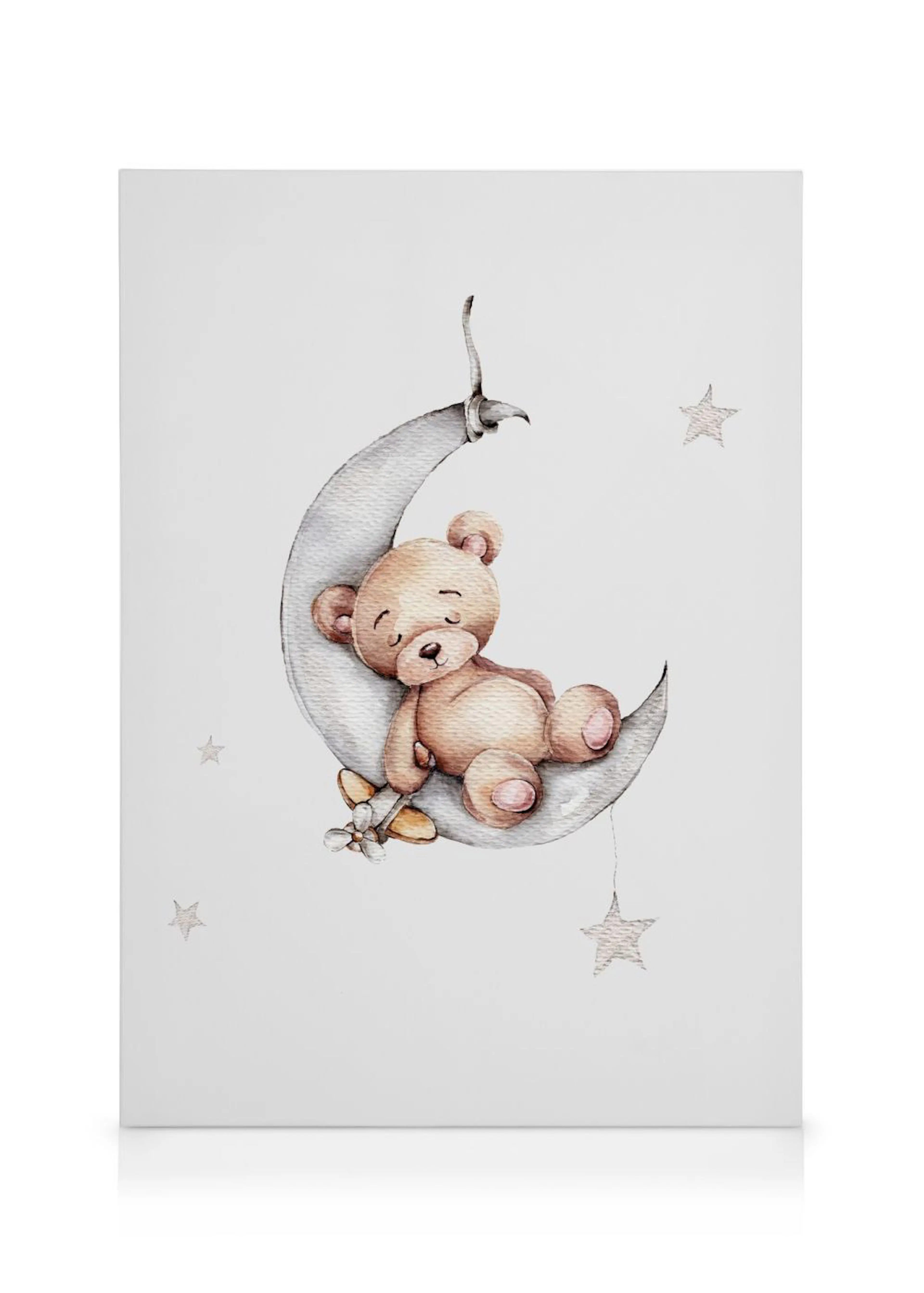 A cute teddy bear sleeping on a crescent moon with a small airplane and stars on a white canvas.