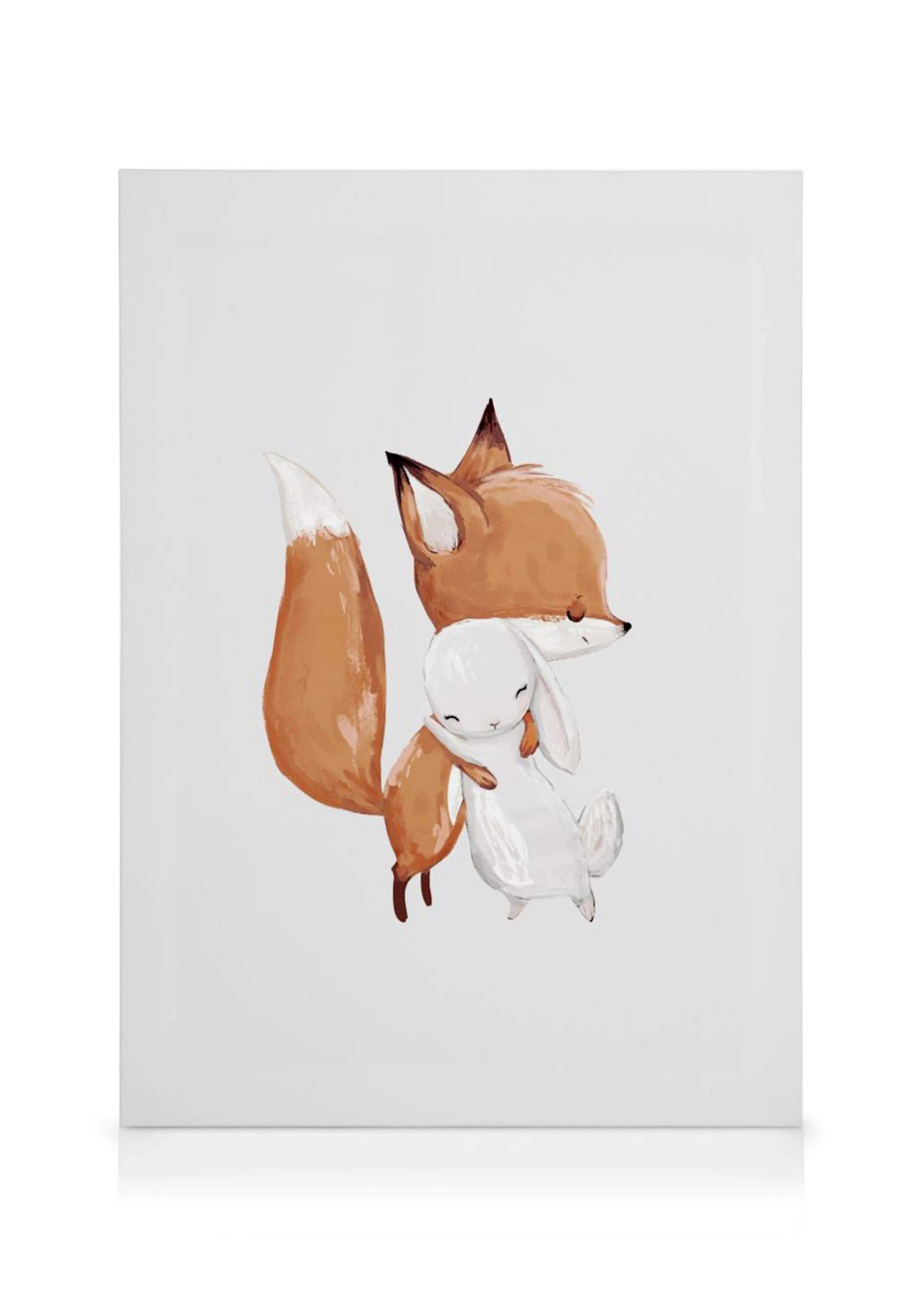 A canvas featuring a cute brown fox hugging a white bunny on a plain white background.