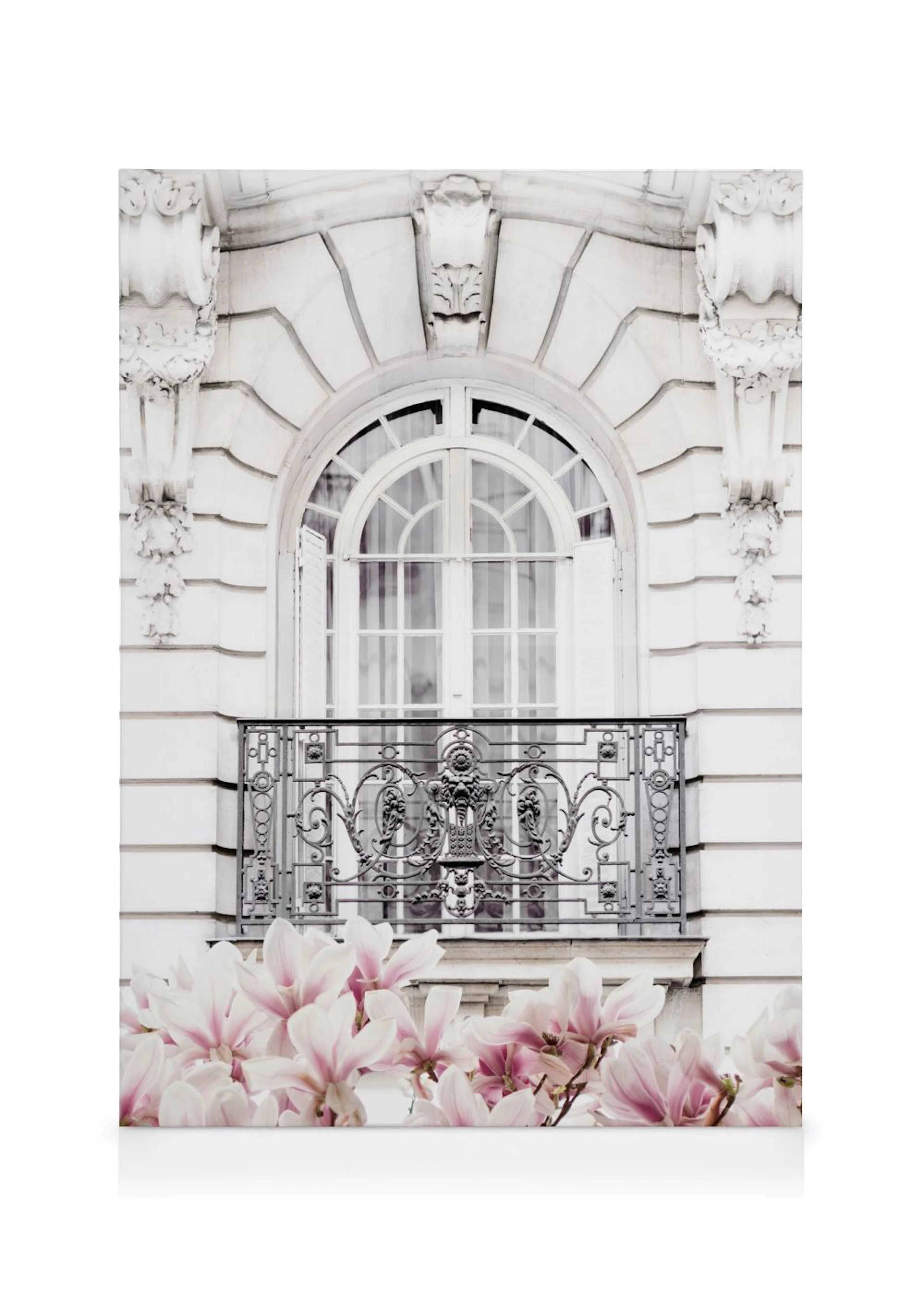 Toile dune façade classique en pierre blanche avec un balcon en fer forgé orné et des fleurs de magnolia roses au premier plan.