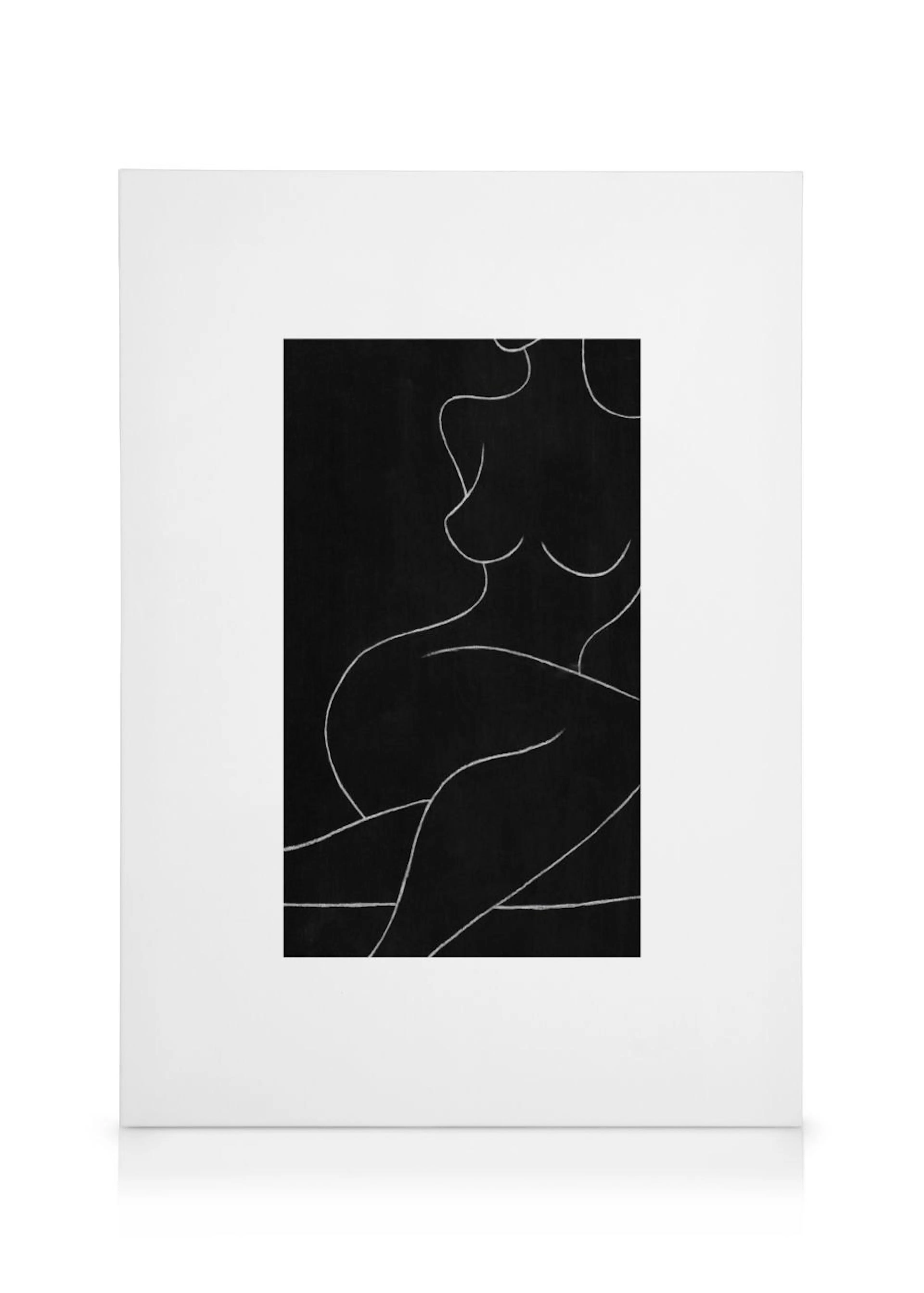 A minimalist black and white canvas featuring the outline of a seated female body.