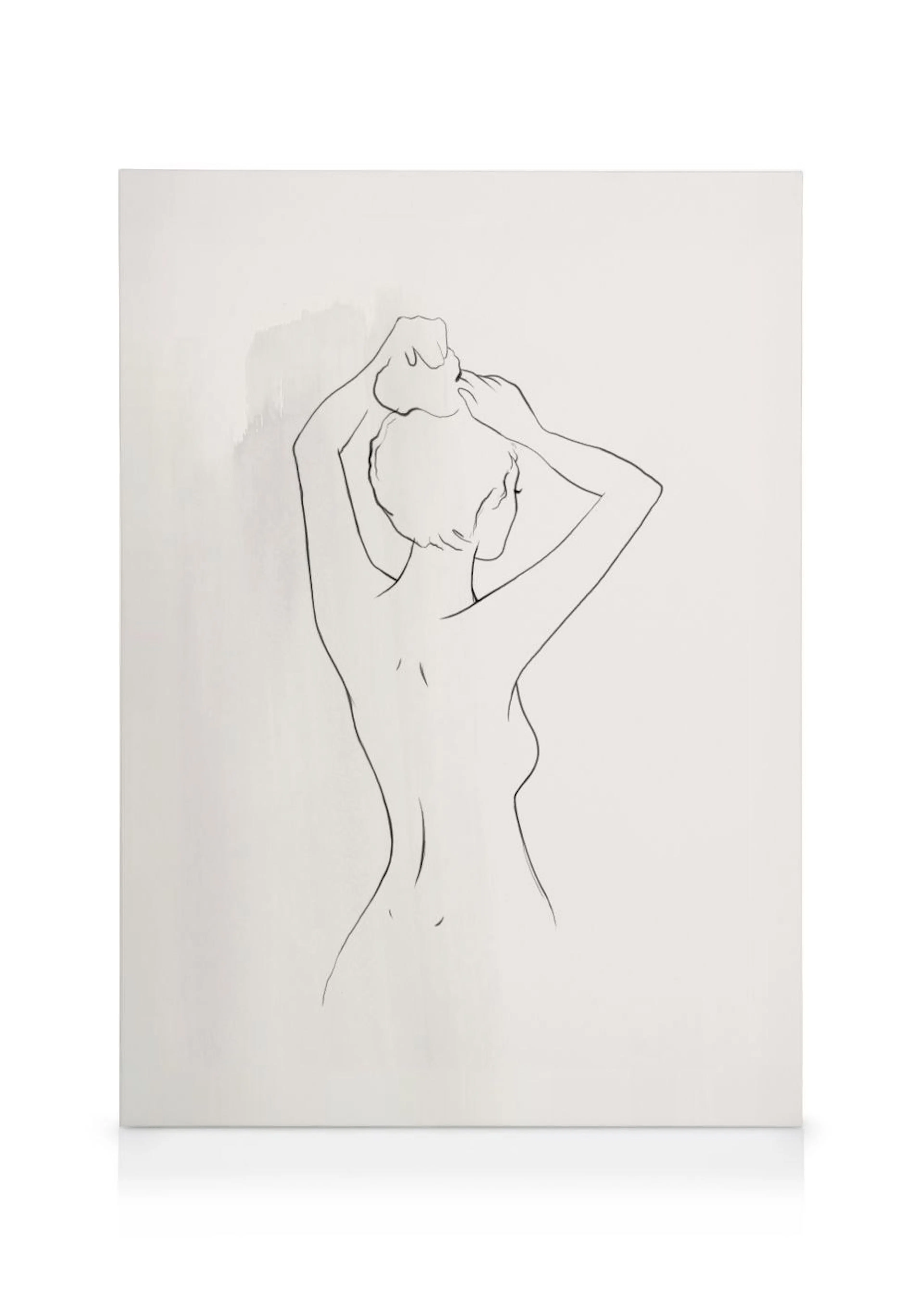 Leinwandbild mit einer minimalistischen Bleistiftzeichnung einer Frau, die ihre Haare hochsteckt, von hinten gesehen.
