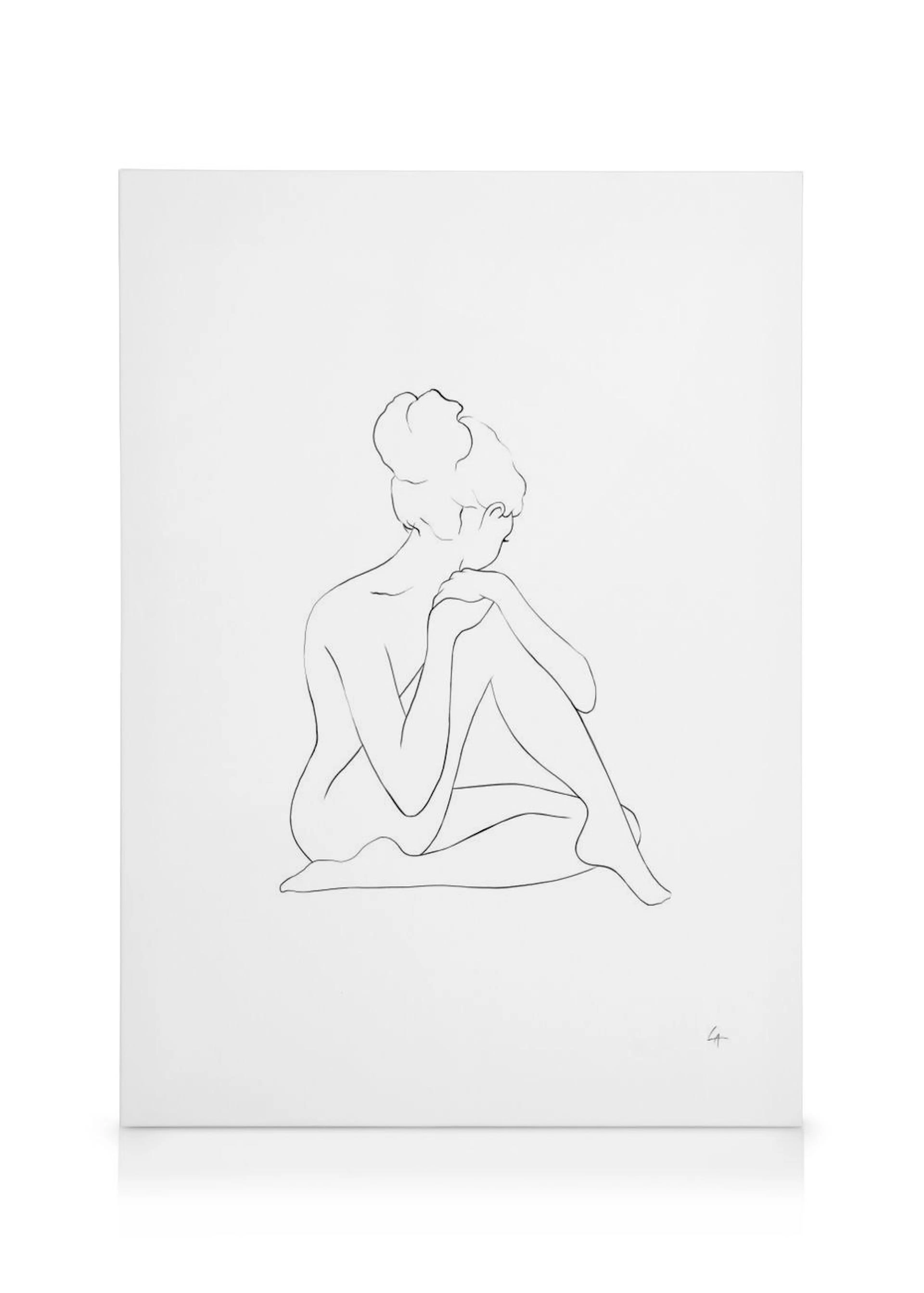 Canvas met een minimalistische lijntekening van een zittende vrouw op een witte achtergrond.