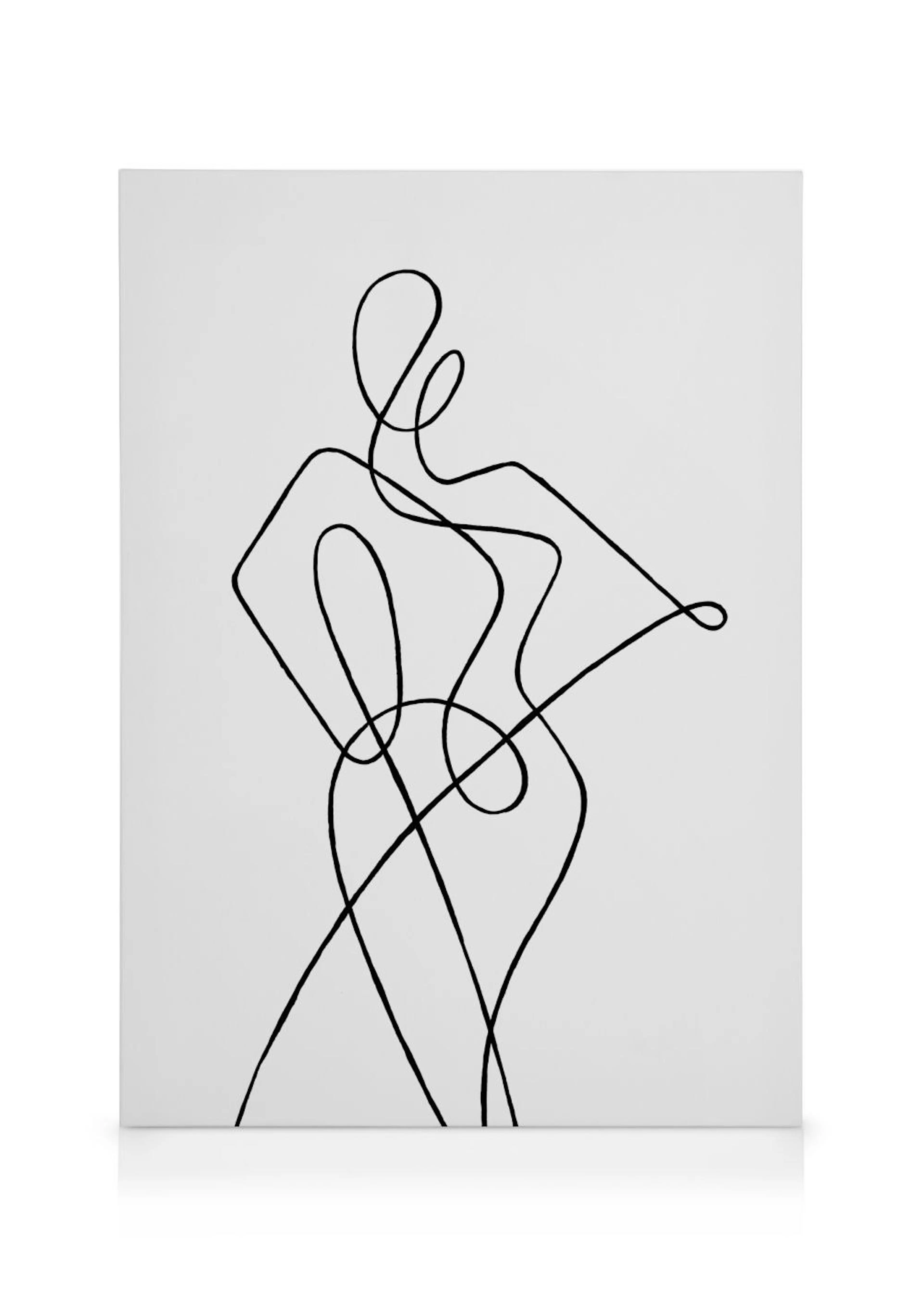 Toile murale minimaliste avec une silhouette de femme en ligne noire continue sur fond blanc pur.