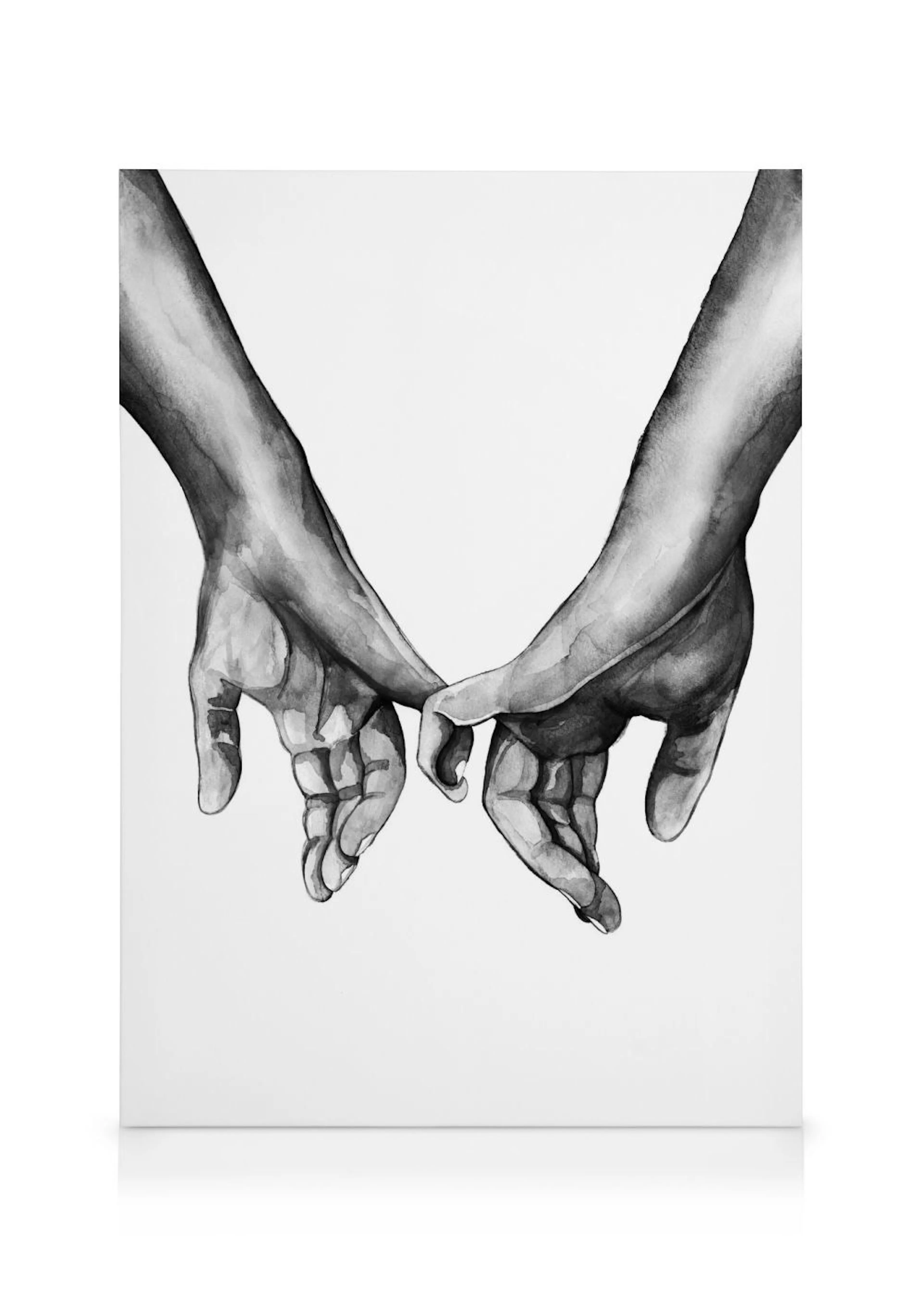 A monochrome canvas print featuring two hands in a pinky promise gesture against a white background.