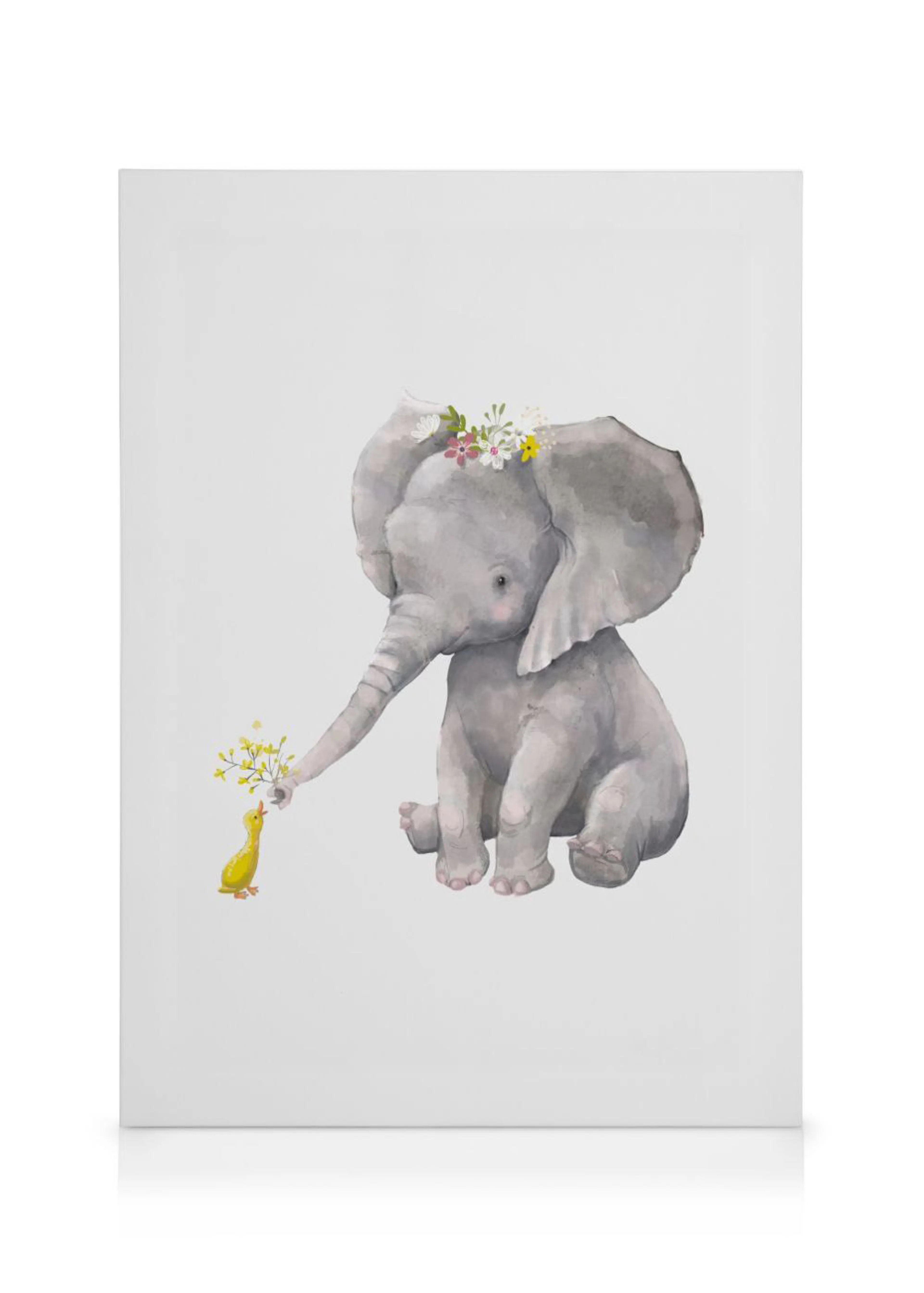 Leinwandbild mit einem niedlichen Elefantenbaby, das einem gelben Küken Blumen überreicht, ideal für Kinderzimmer.