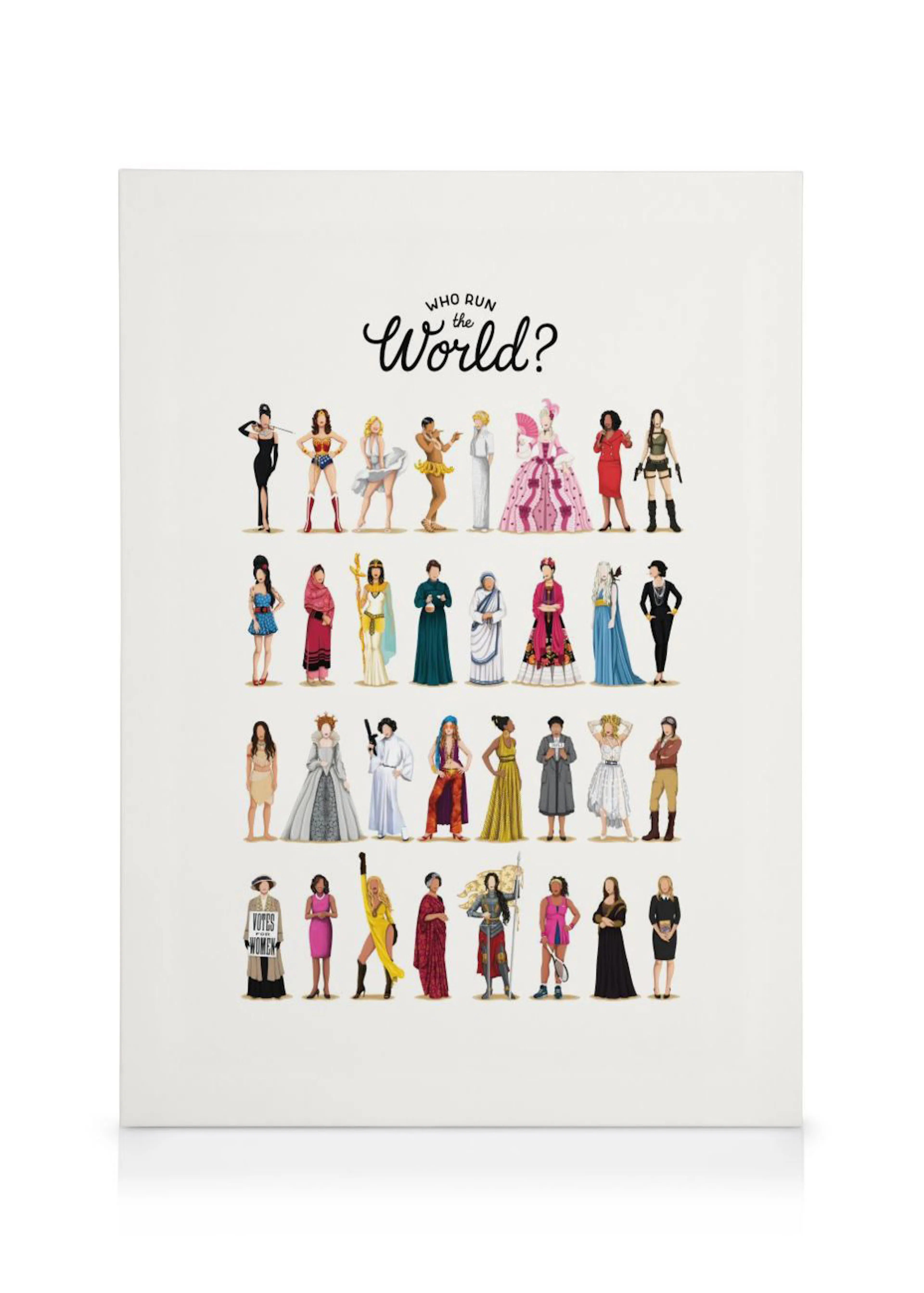 Een canvas met de tekst Who run the World? en 30 illustraties van iconische vrouwenfiguren uit de geschiedenis en popcultuur.