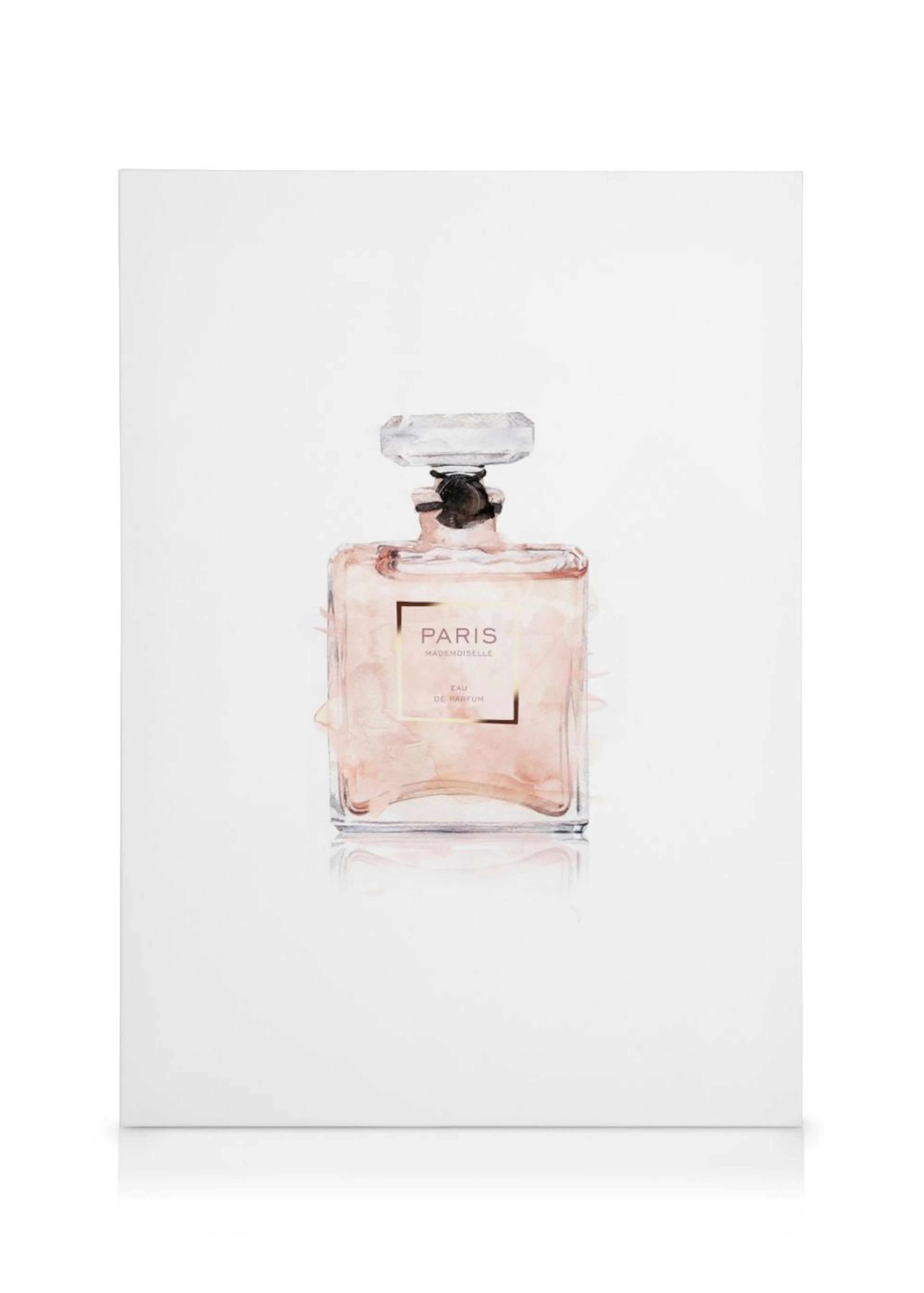 Toile représentant une bouteille de parfum rose pâle avec le texte Paris Mademoiselle Eau de Parfum sur fond blanc.