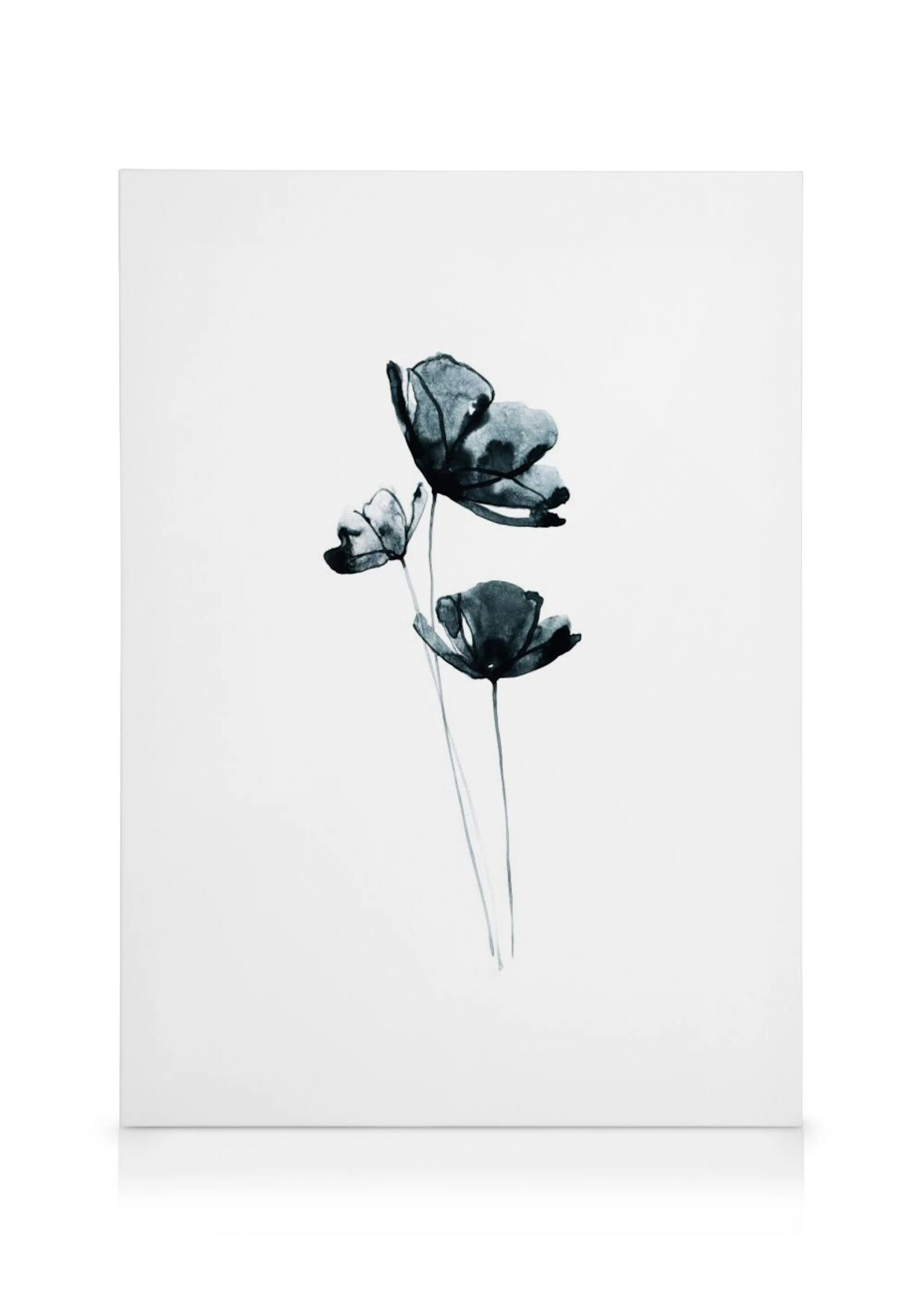 A minimalist canvas with three black and white watercolour flowers on thin stems.