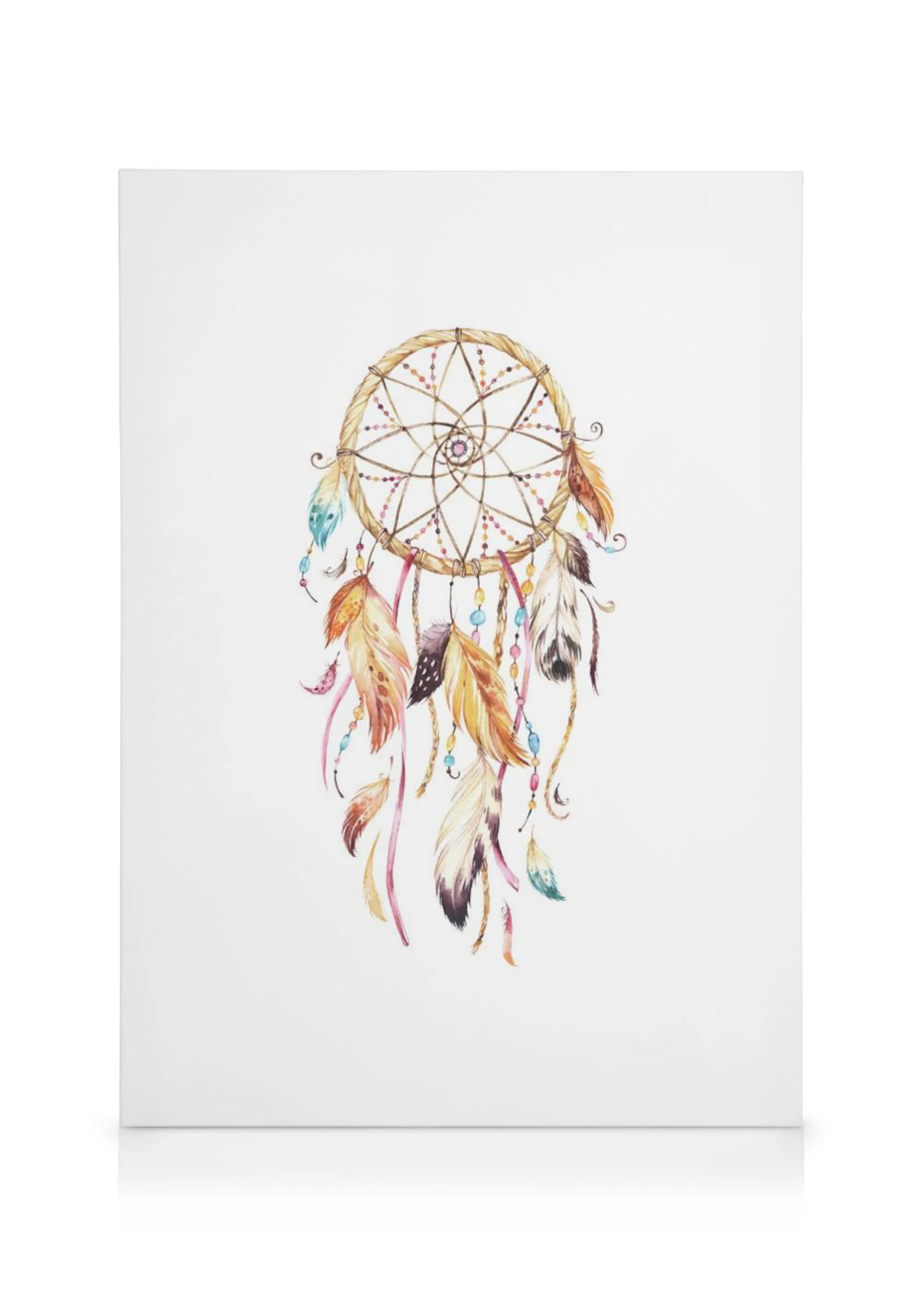 Toile murale blanche avec une illustration de capteur de rêves bohème aux plumes colorées et perles.
