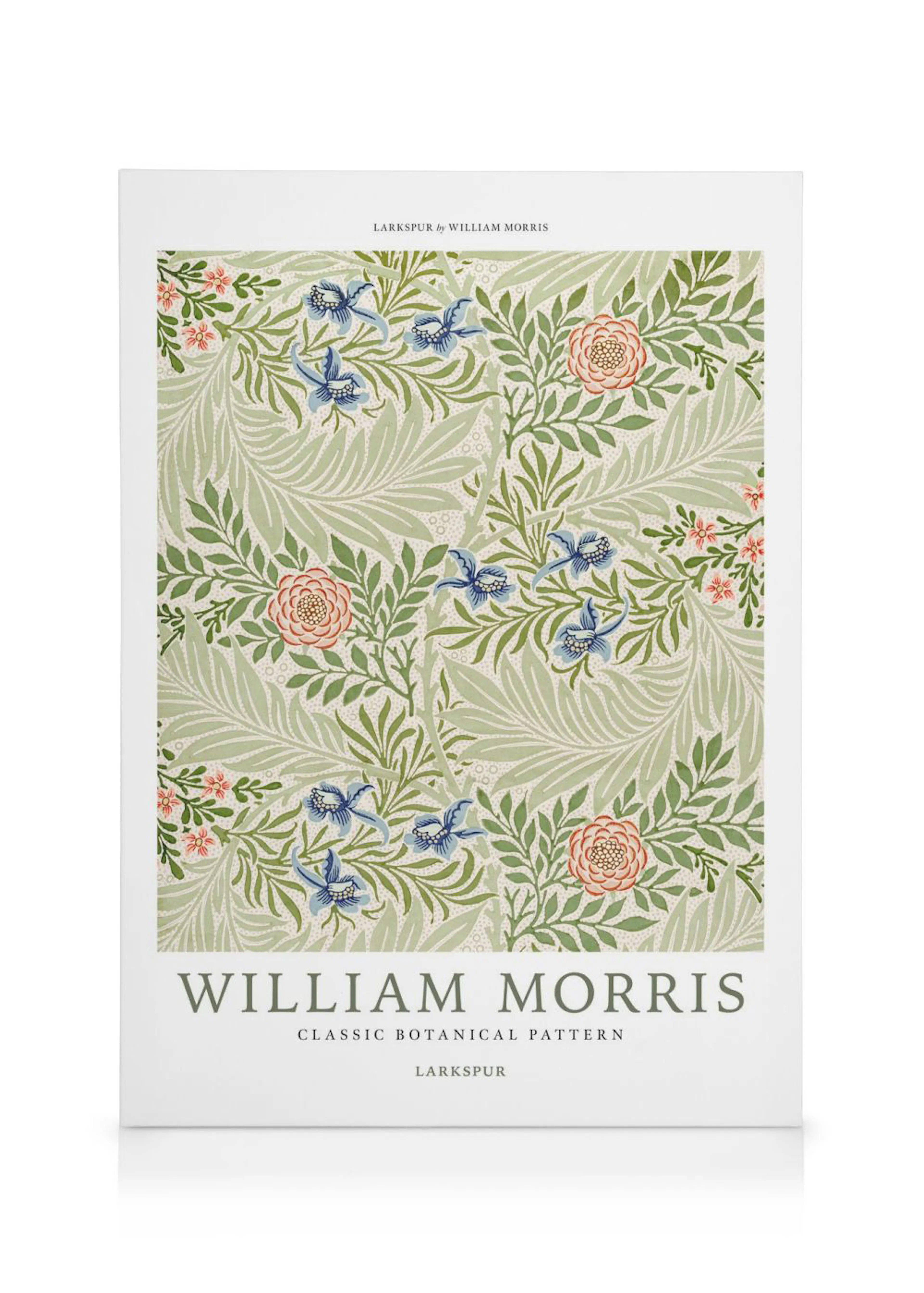 Stampa su tela con motivo floreale Larkspur di William Morris, fogliame verde e fiori blu e rosa.