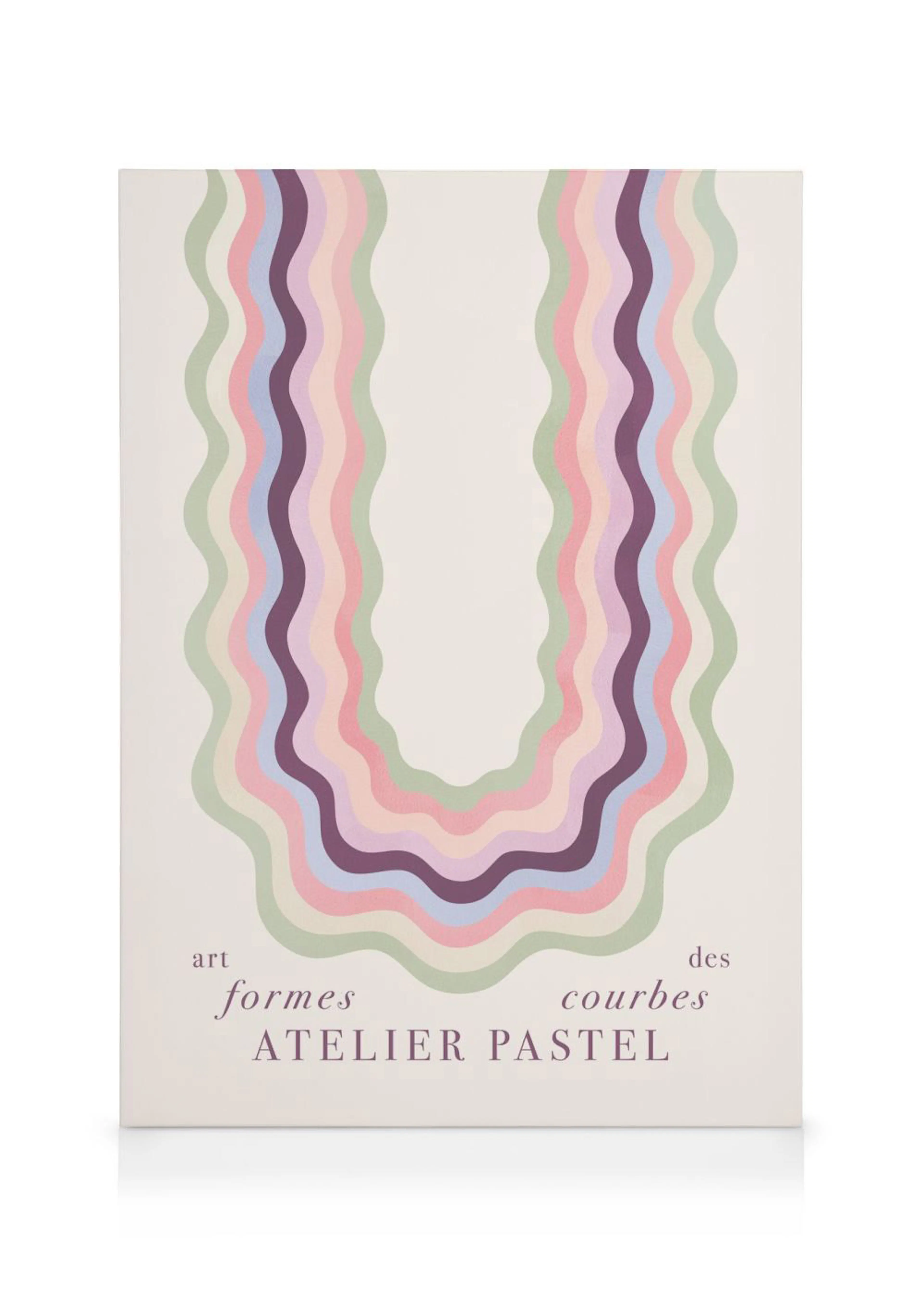 A canvas featuring a U-shaped design with wavy pastel stripes in purple, pink, blue, and green on a light background, with Ateli