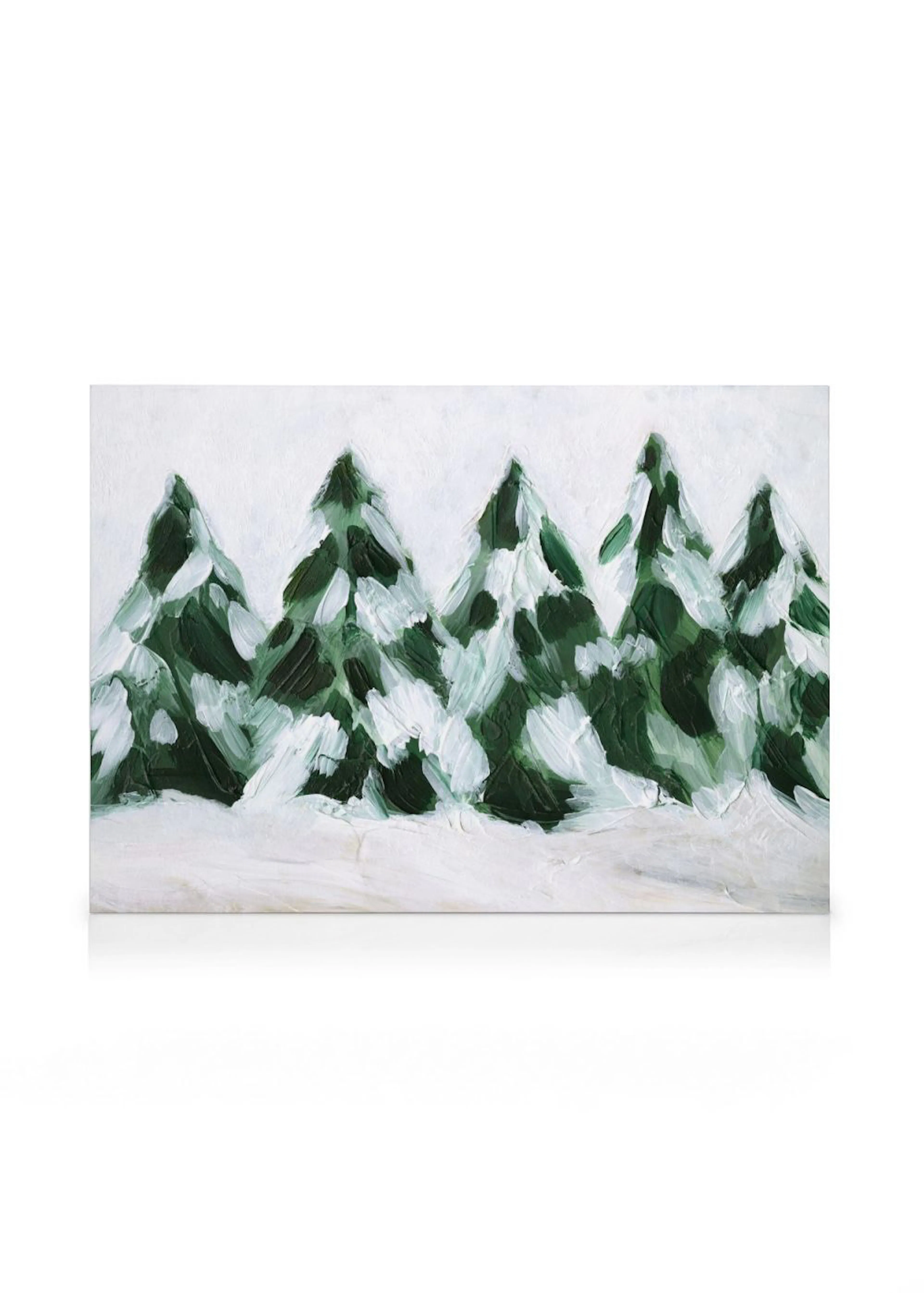 Lienzo con una hilera de pinos de Navidad verdes cubiertos de nieve blanca, con un toque de azul claro.