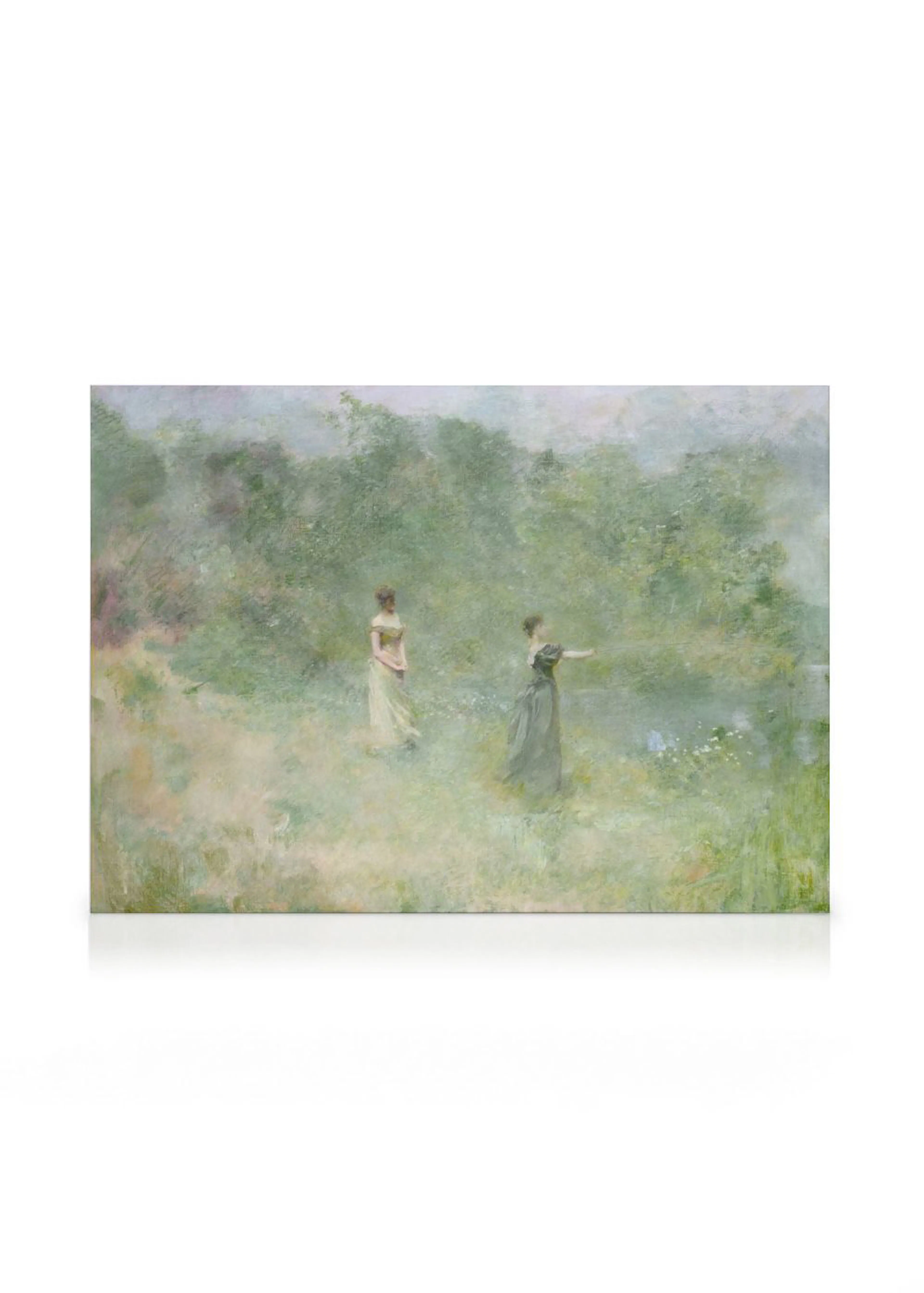 Toile Les deux sœurs, représentant deux femmes en robes dépoque dans un paysage verdoyant et brumeux.